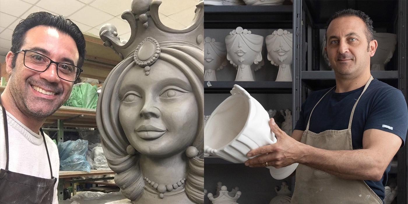 Artigiani modellano ceramiche di Caltagirone fatti a mano nei laboratori Ceramiche Sofia