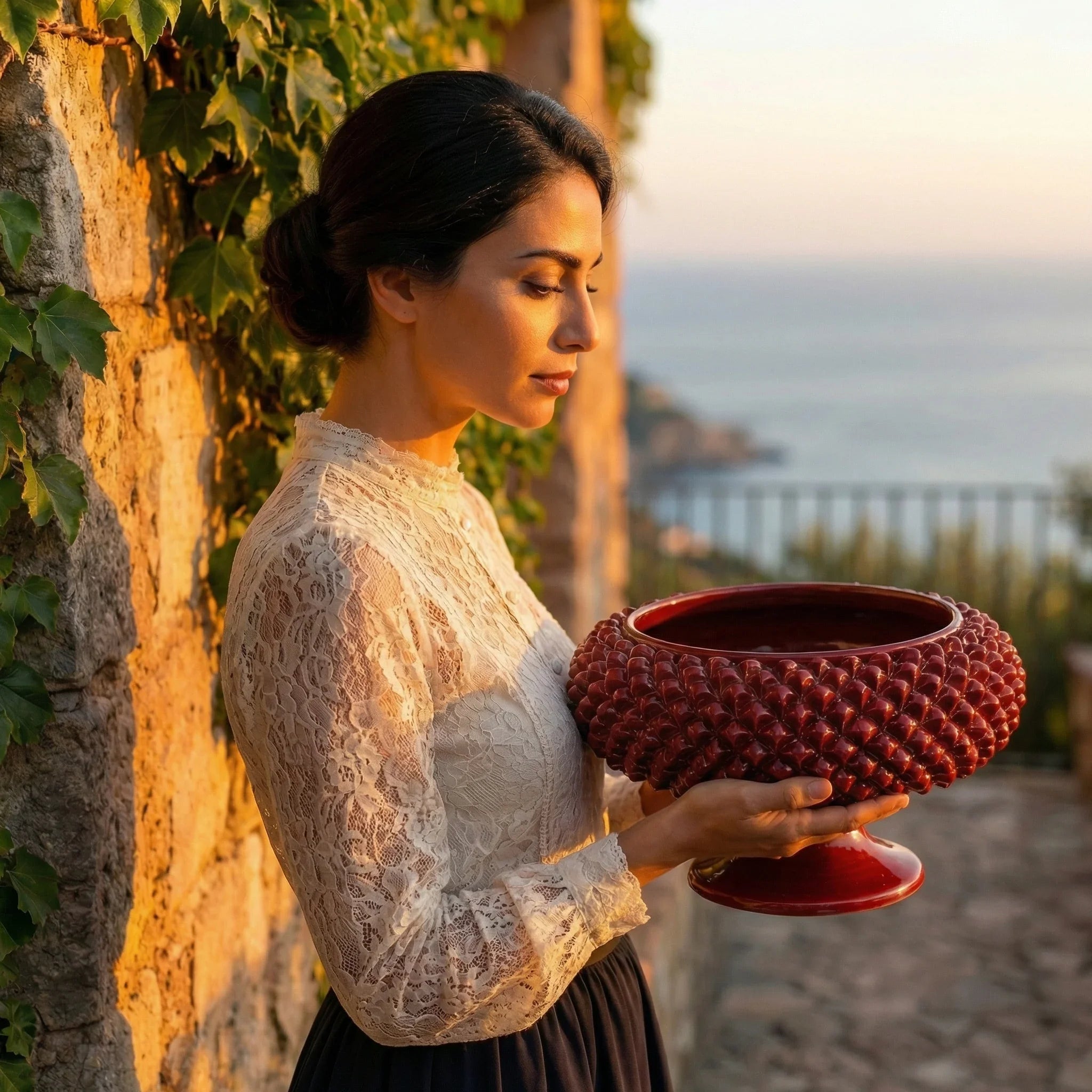 Sicilian Pine Cone Cake Stand Ø 25/33 cm / Ø 10-13", Bordeaux – Italian pine cone ceramic from Caltagirone, Sicily