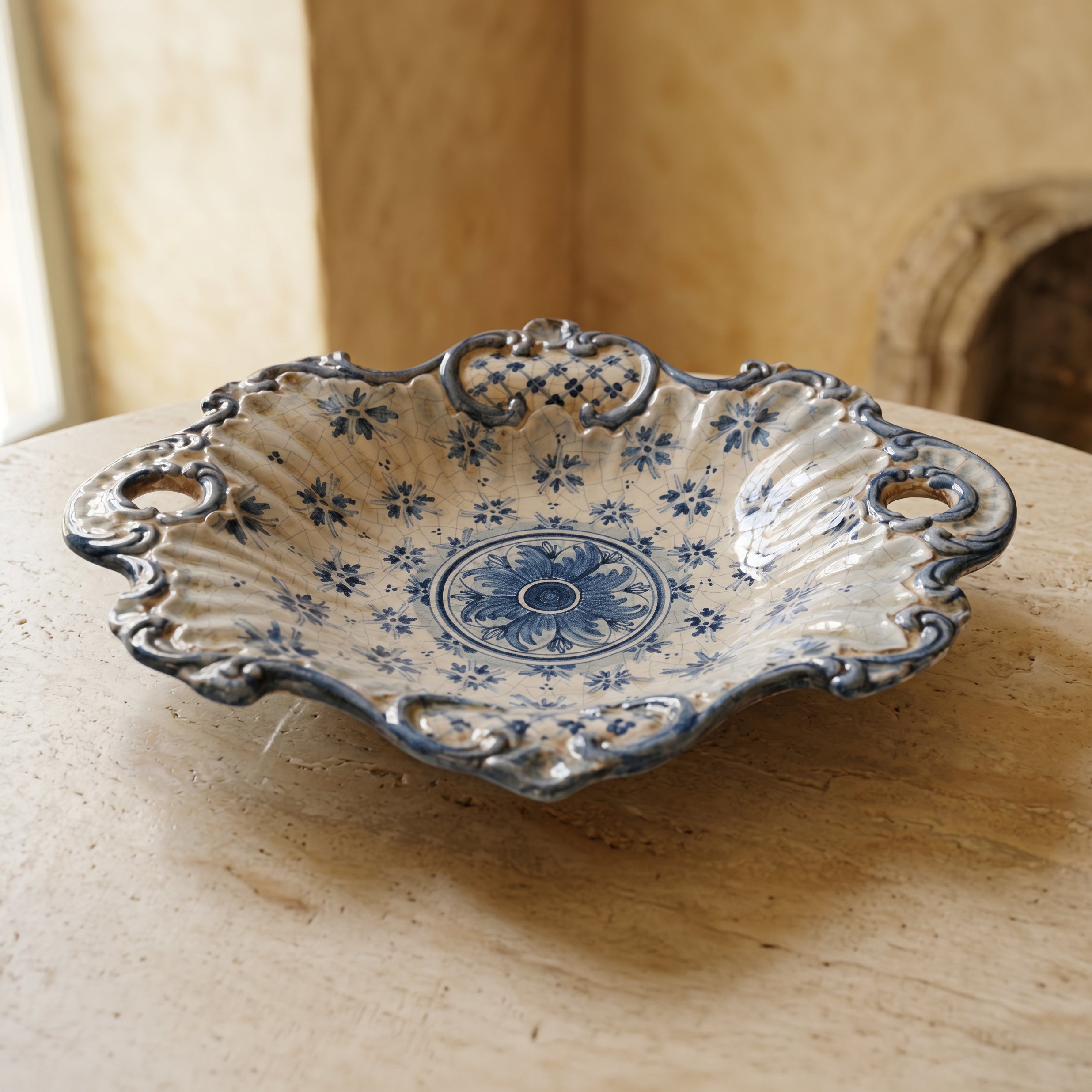 Sicilian Ceramic Centerpiece 38×33 cm / 15×13", Linea Stars, Mono Blue – Italian ceramic from Caltagirone, Sicily
