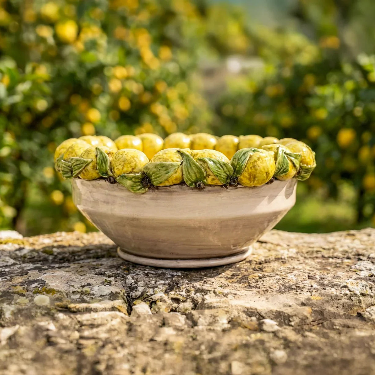 Sicilian Ceramic Centerpiece Ø 38 cm / Ø 15", Sicilian Lemons, Mother of Pearl – Italian ceramic from Caltagirone, Sicily
