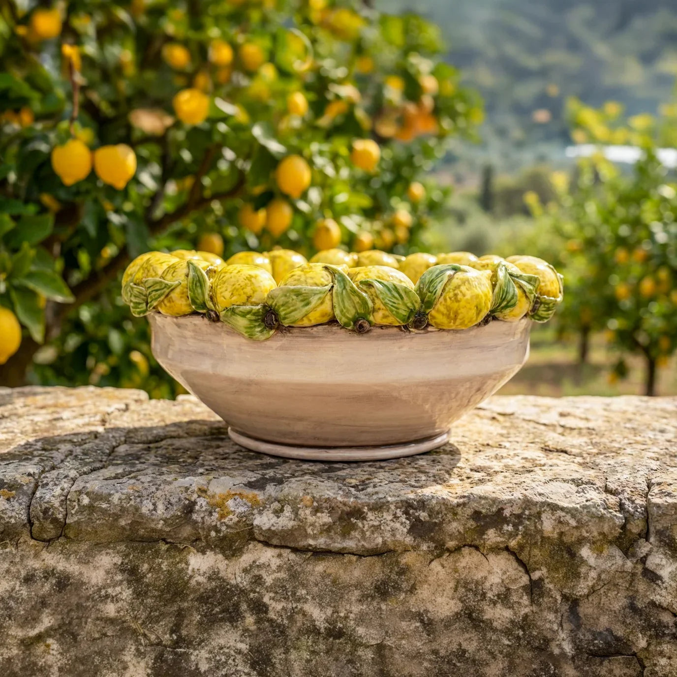 Sicilian Ceramic Centerpiece Ø 38 cm / Ø 15", Sicilian Lemons, Mother of Pearl – Italian ceramic from Caltagirone, Sicily