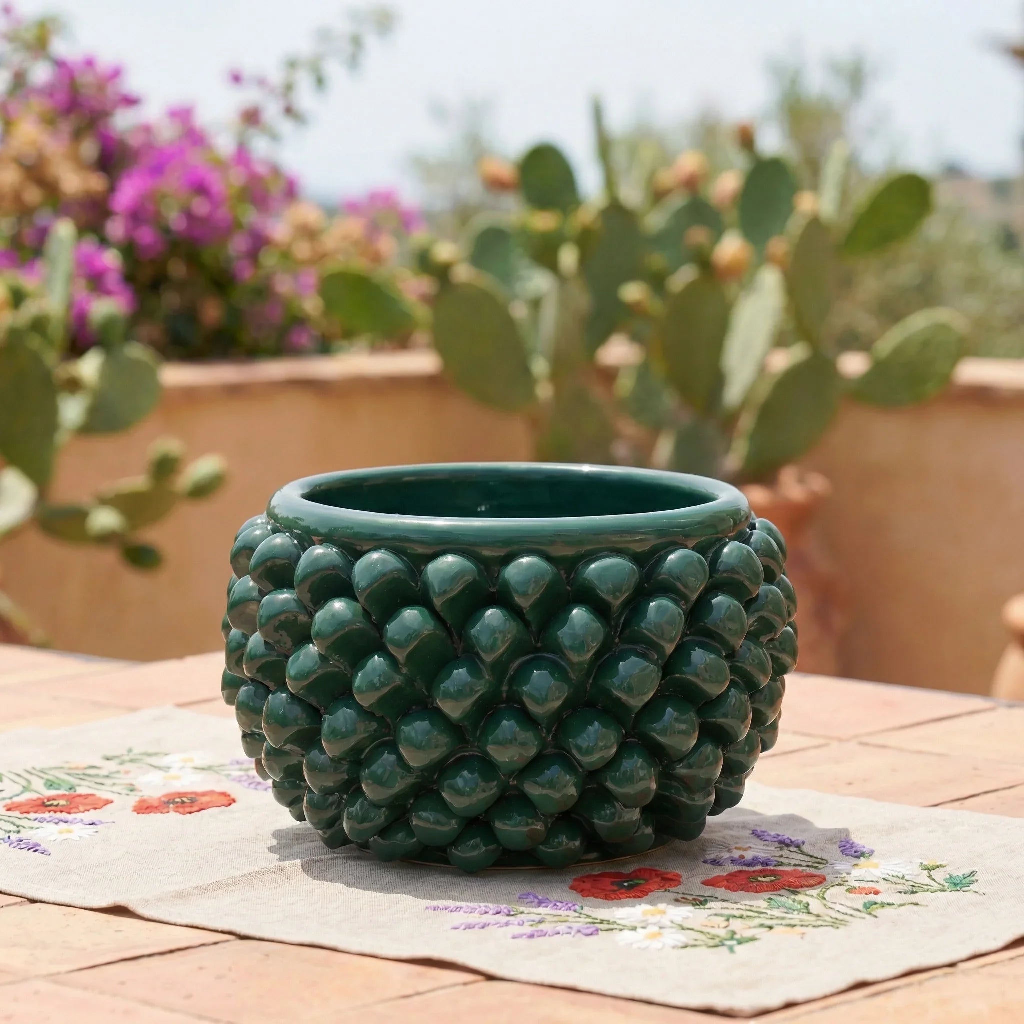 Half Pine Cone Vase, Antique Green – Sicilian majolica handcrafted in Caltagirone