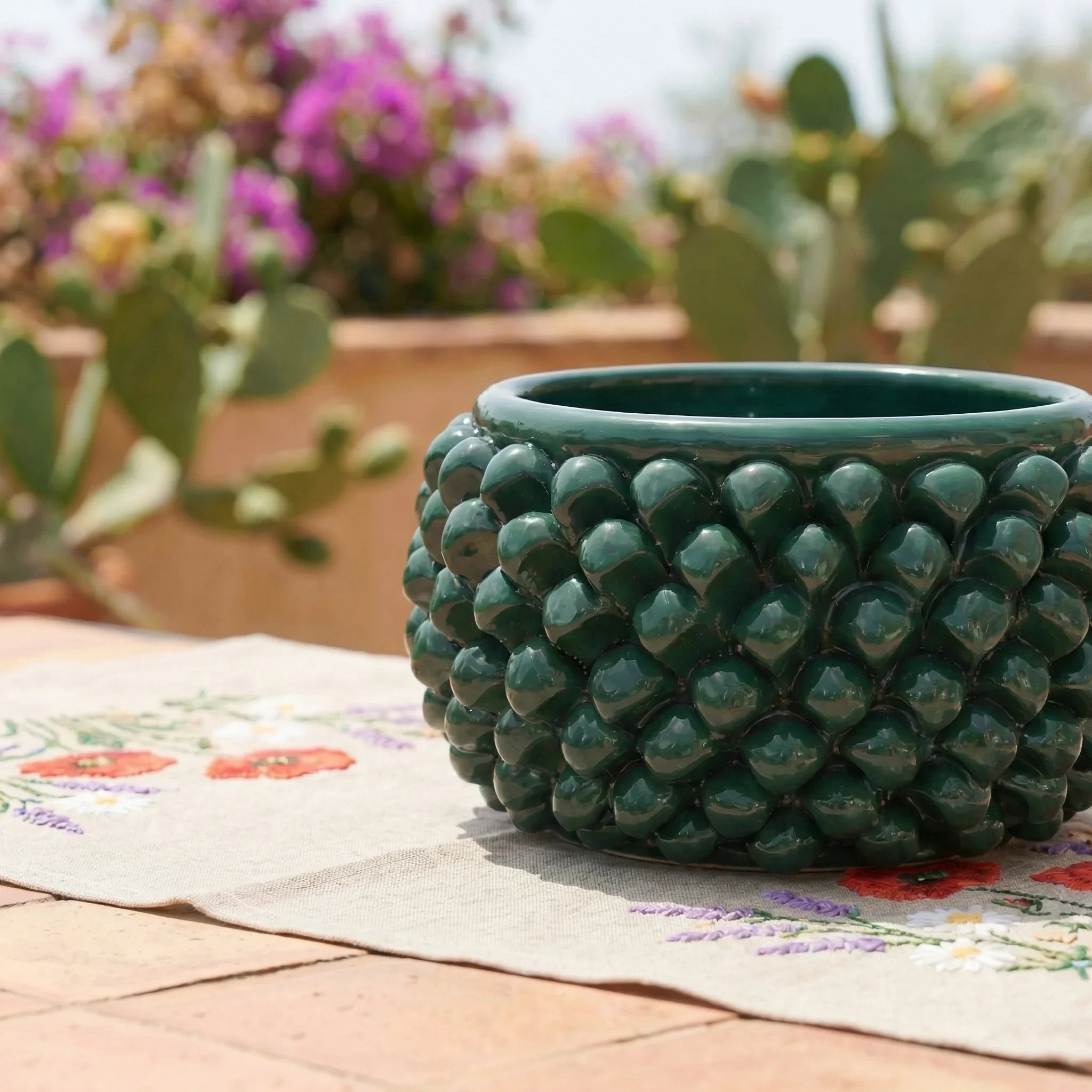 Half Pine Cone Vase, Antique Green – Sicilian majolica handcrafted in Caltagirone