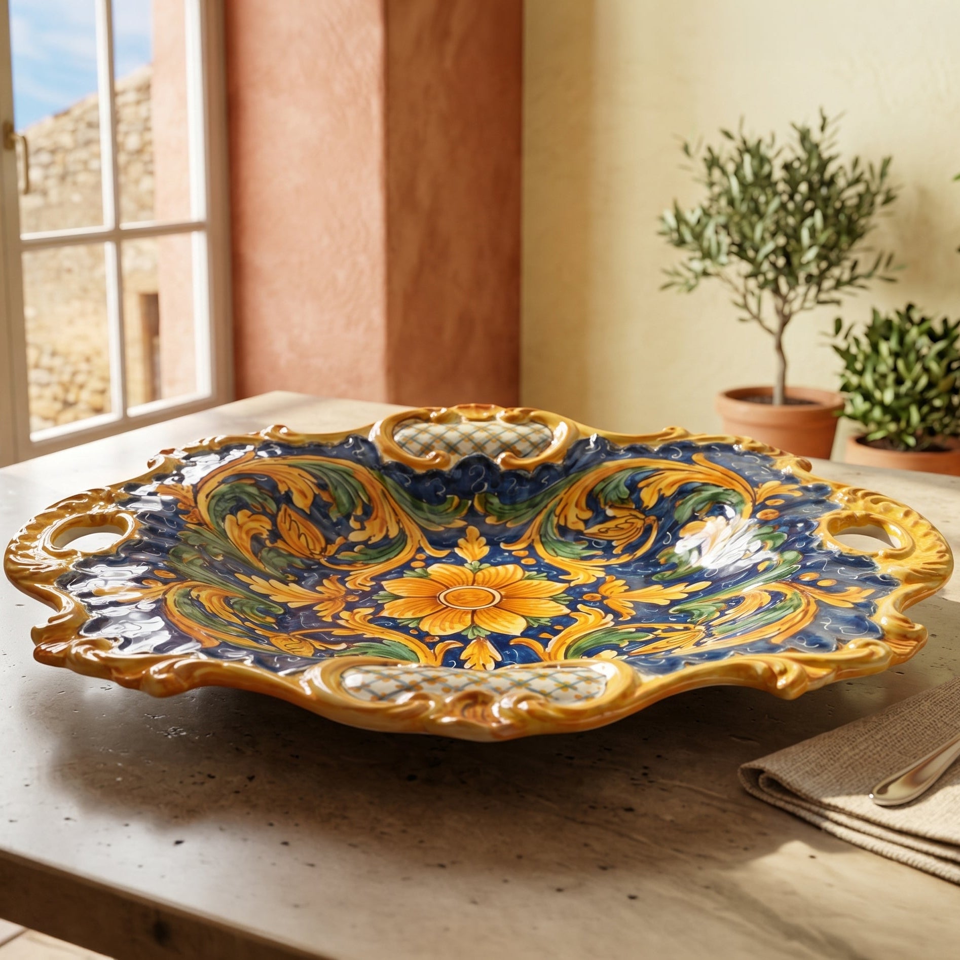 Sicilian Ceramic Centerpiece 38×33 cm / 15×13", Calatino Ornament – Sicilian majolica handcrafted in Caltagirone