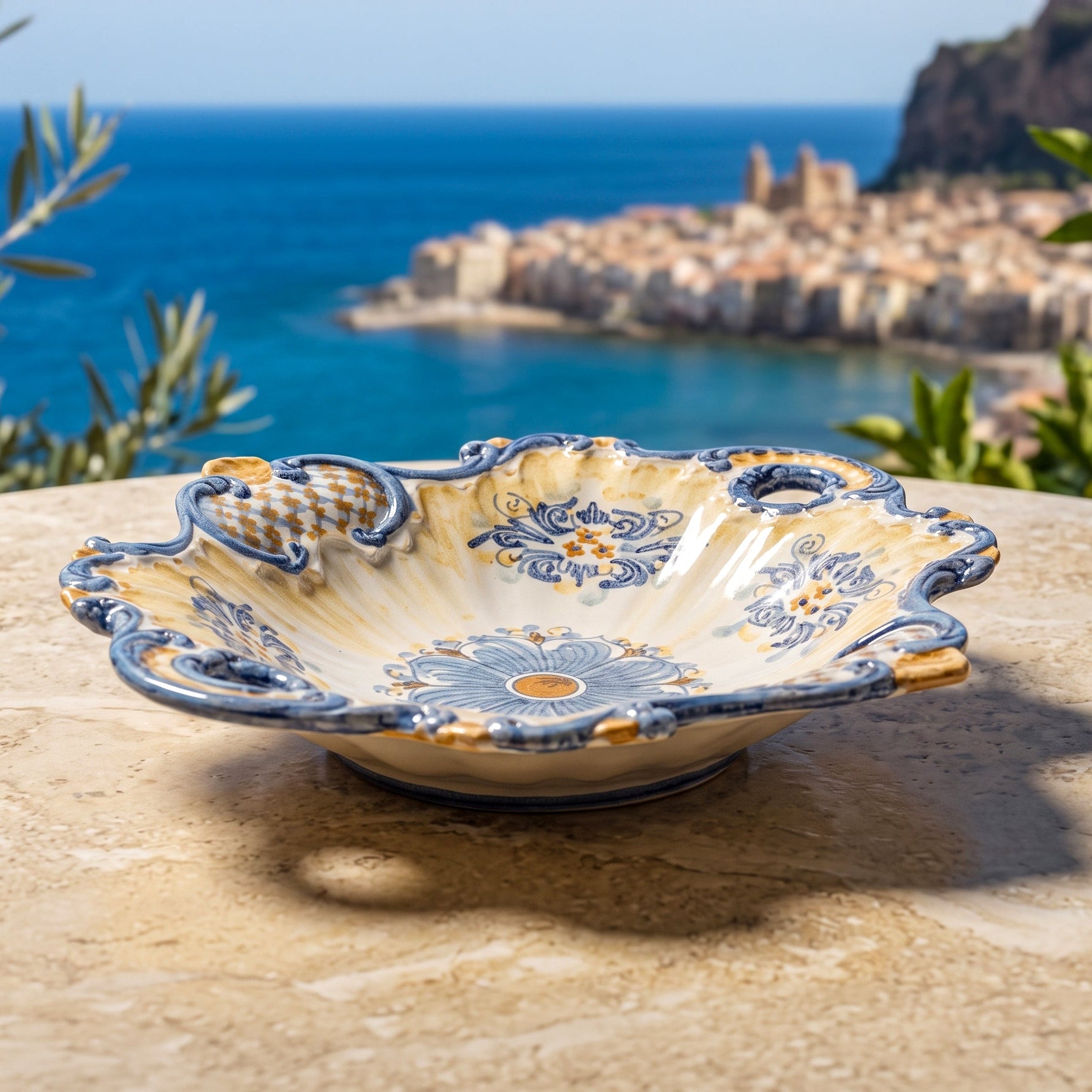 Sicilian Ceramic Centerpiece 38×33 cm / 15×13", Blue and Orange, Art Edition – Caltagirone Ceramic – Sicilian artisan tradition