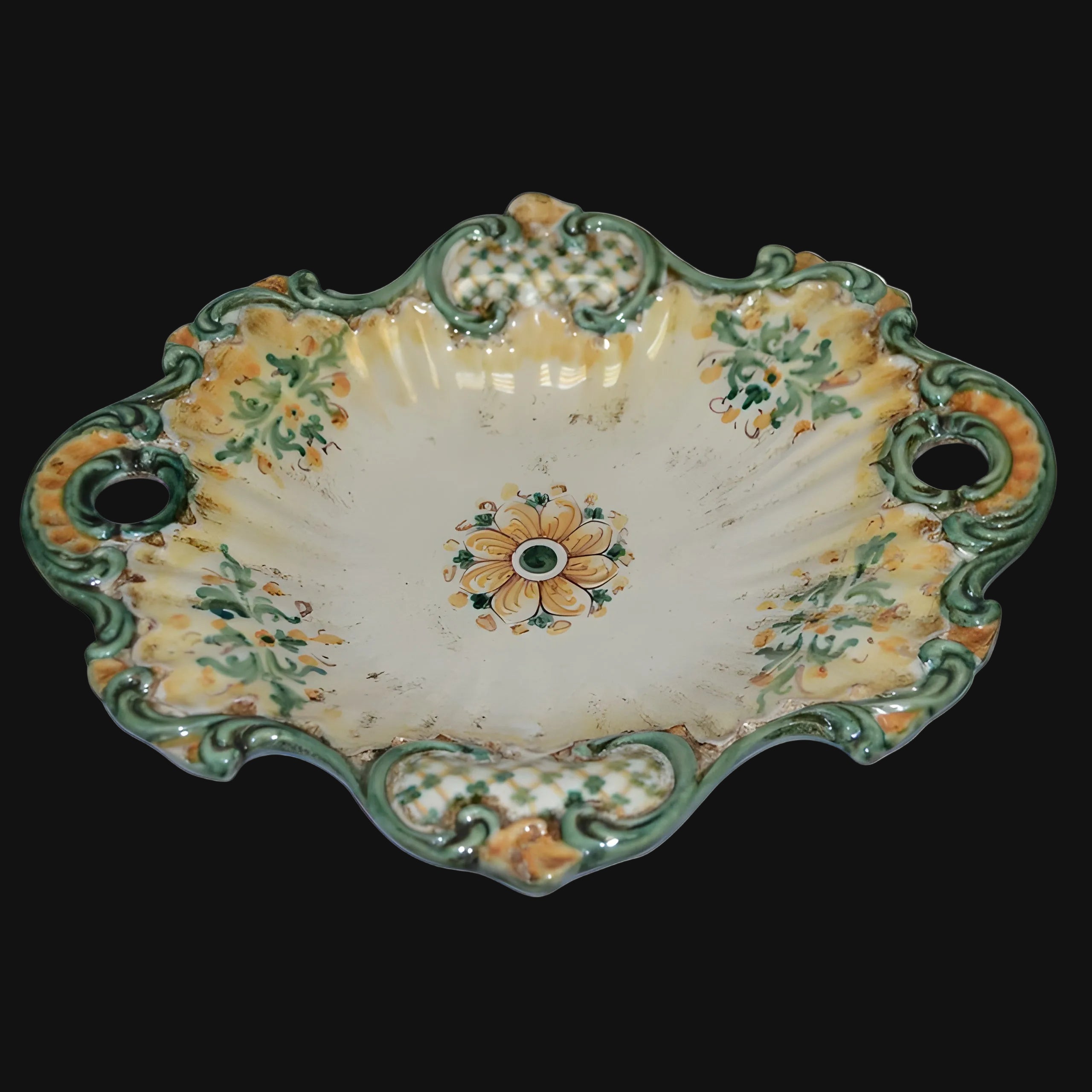 Sicilian Ceramic Centerpiece 38×33 cm / 15×13", Green and Orange, Art Edition – Italian ceramic from Caltagirone, Sicily