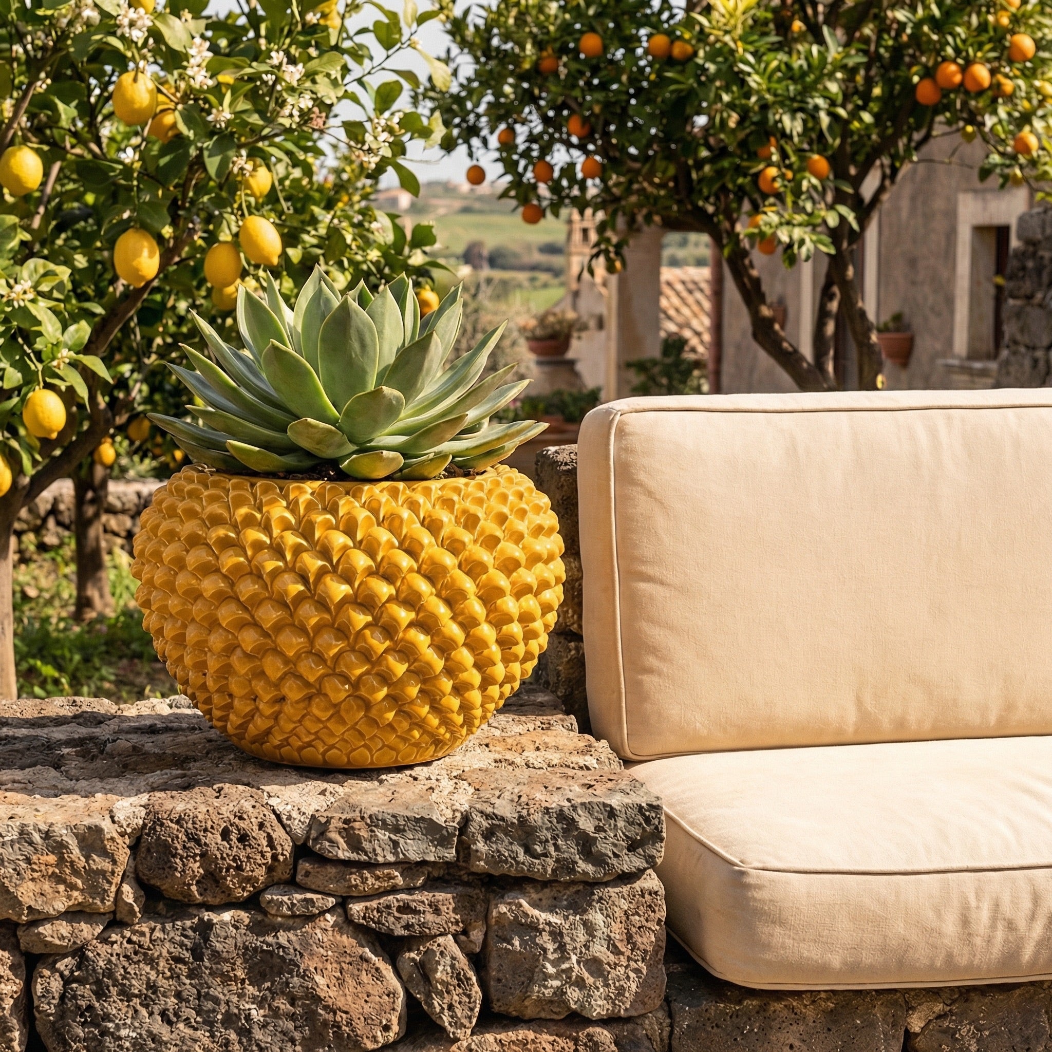 Pine Cone Cachepot, Mustard – Italian ceramic from Caltagirone, Sicily