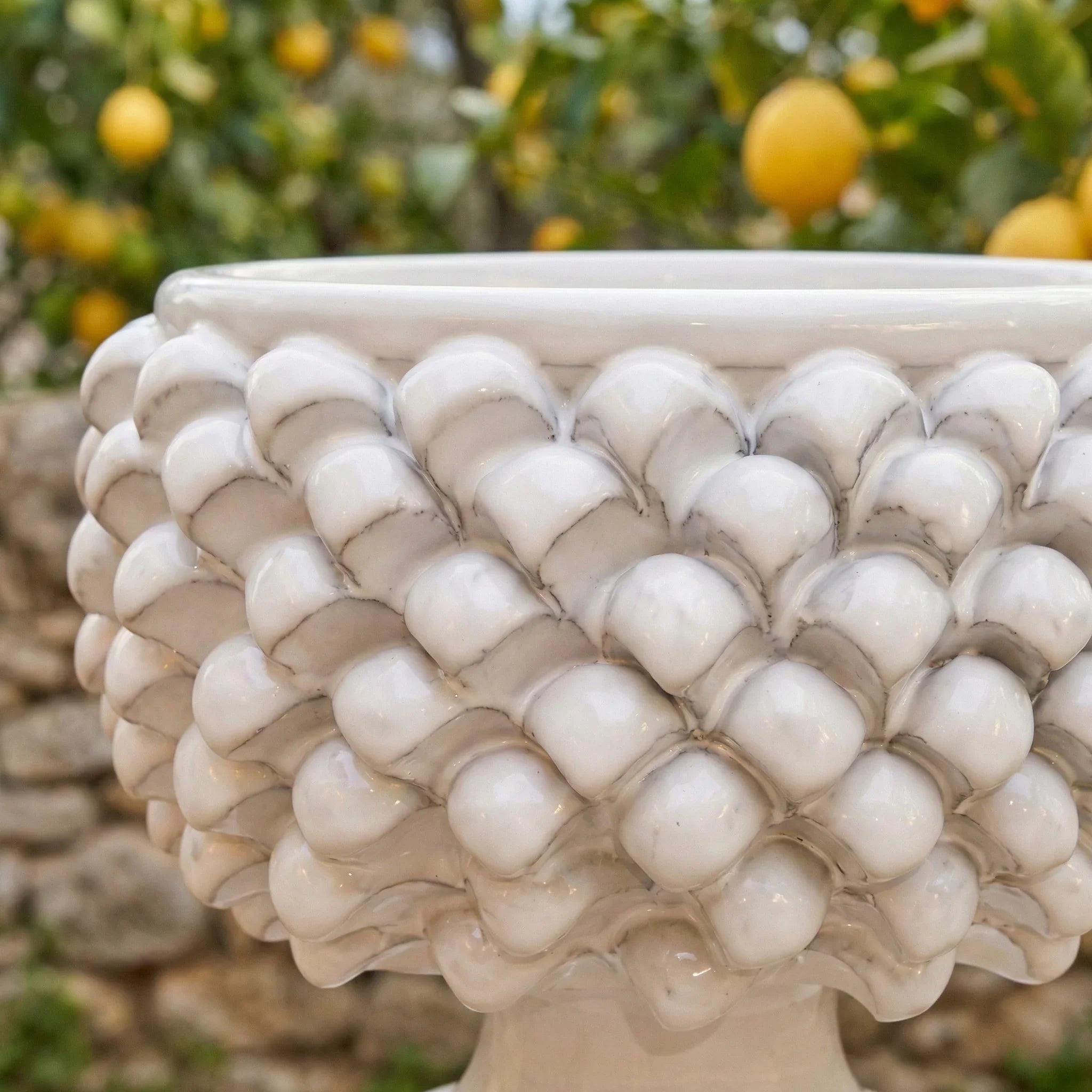 Half Pine Cone Vase, White Line – Italian ceramic from Caltagirone, Sicily