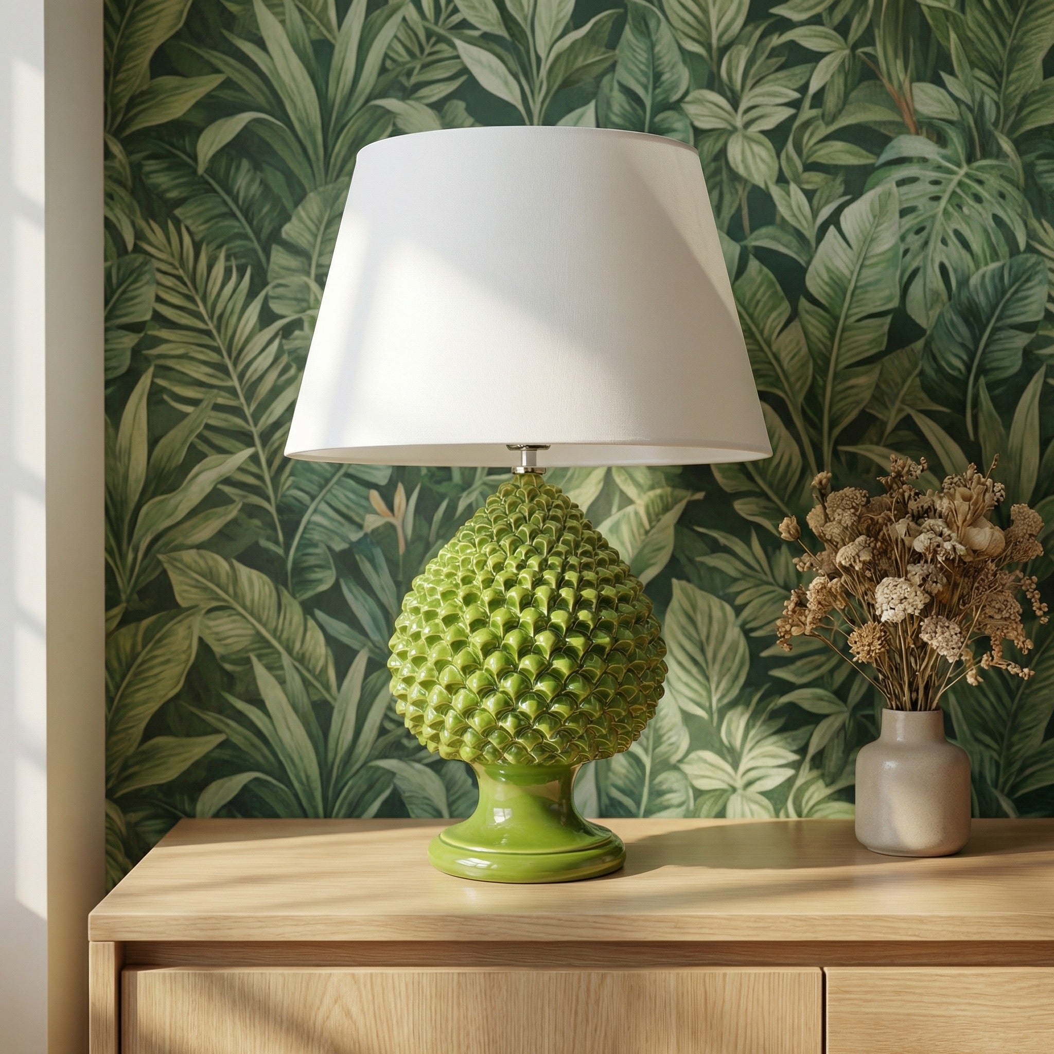 Sicilian Pine Cone Lamp, Leaf Green – Italian ceramic from Caltagirone, Sicily