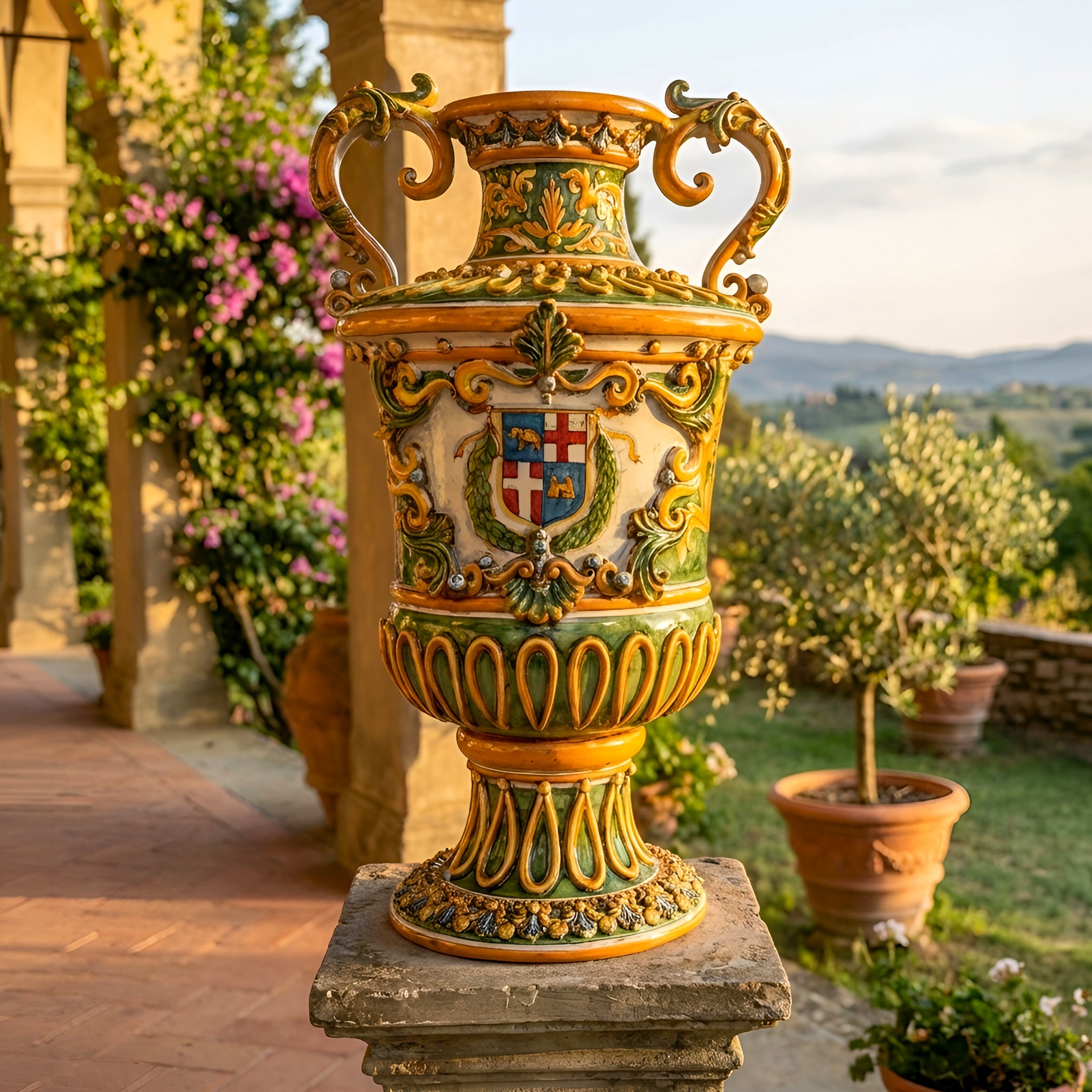 Large Italian Floor Vase H 60 cm / 23.6", Green Background, Limited Edition – Sicilian majolica handcrafted in Caltagirone