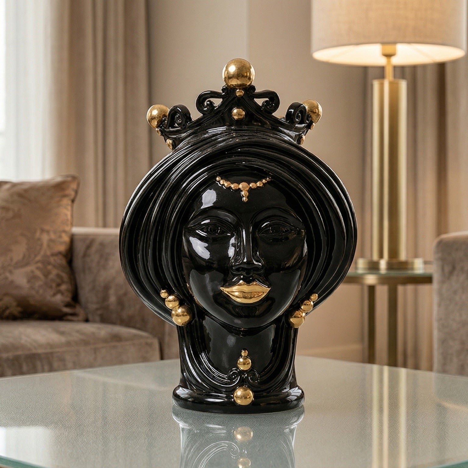 Testa di Moro Vase H 30 cm / 11.8", Woman, Black and Gold – Testa di Moro from Caltagirone, Sicily