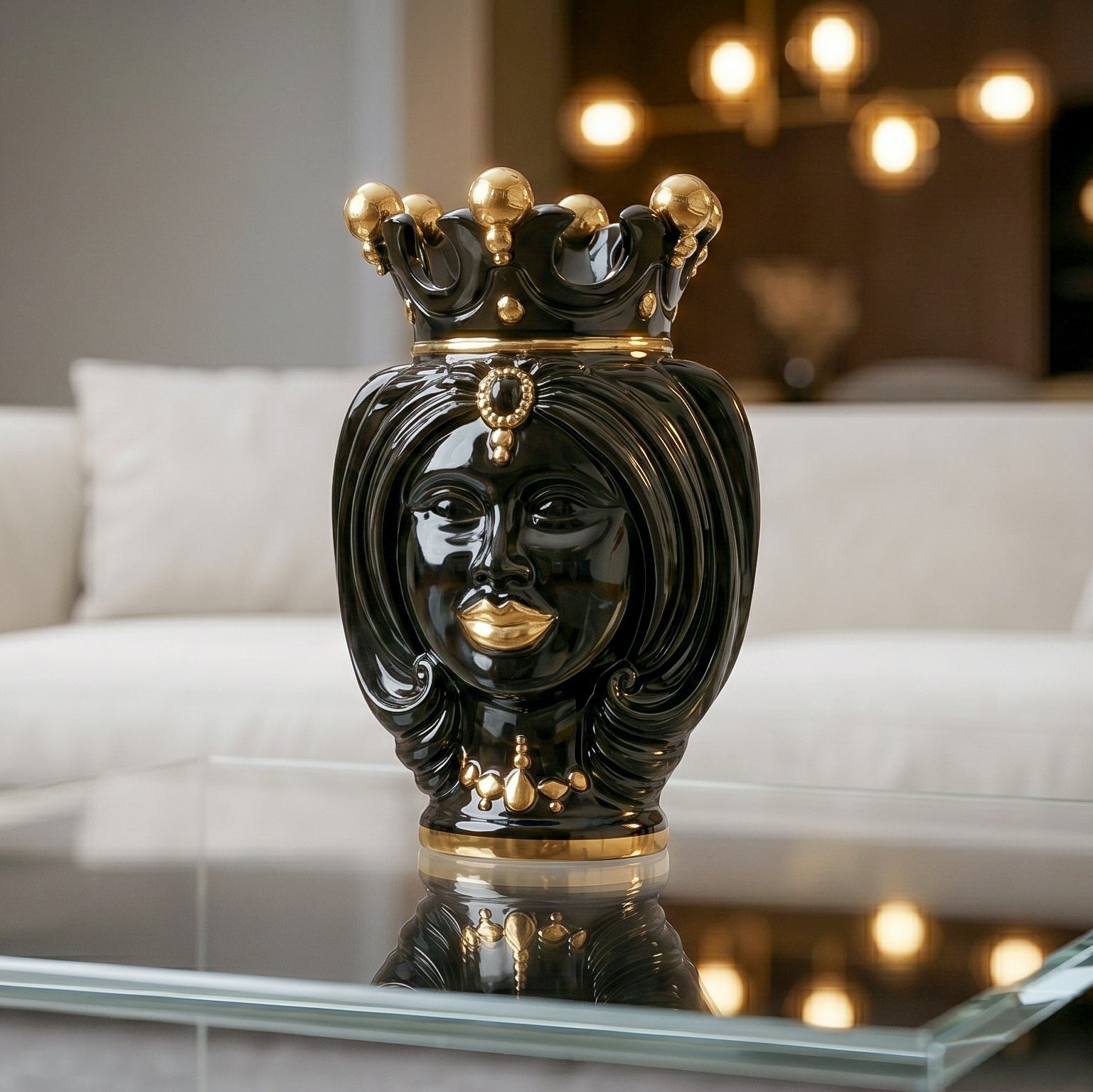 Sicilian Head Vase H 25 cm / 9.8", Woman, Black and Gold – Testa di Moro from Caltagirone, Sicily