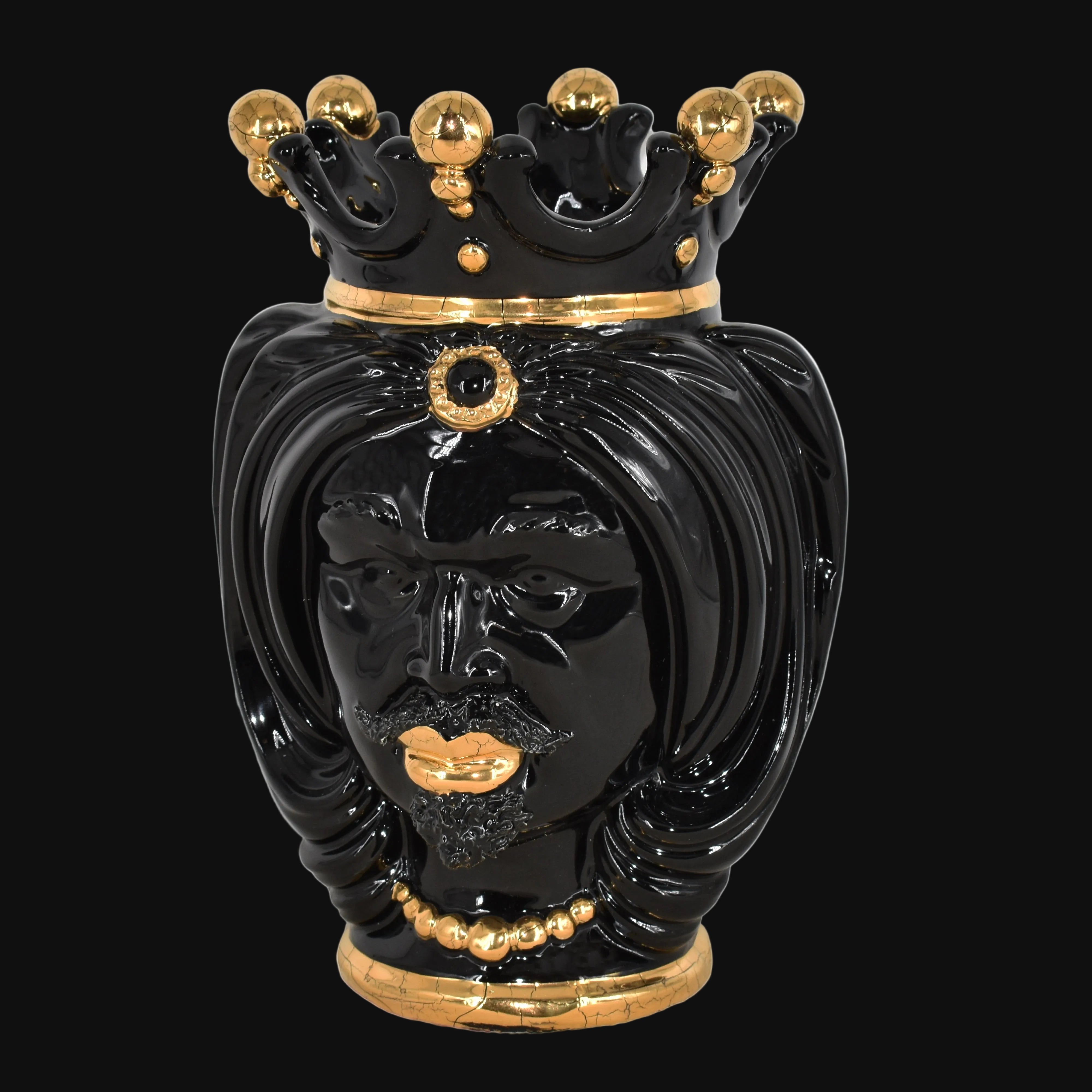 Sicilian Head Vase H 25 cm / 9.8", Woman, Black and Gold – Testa di Moro from Caltagirone, Sicily