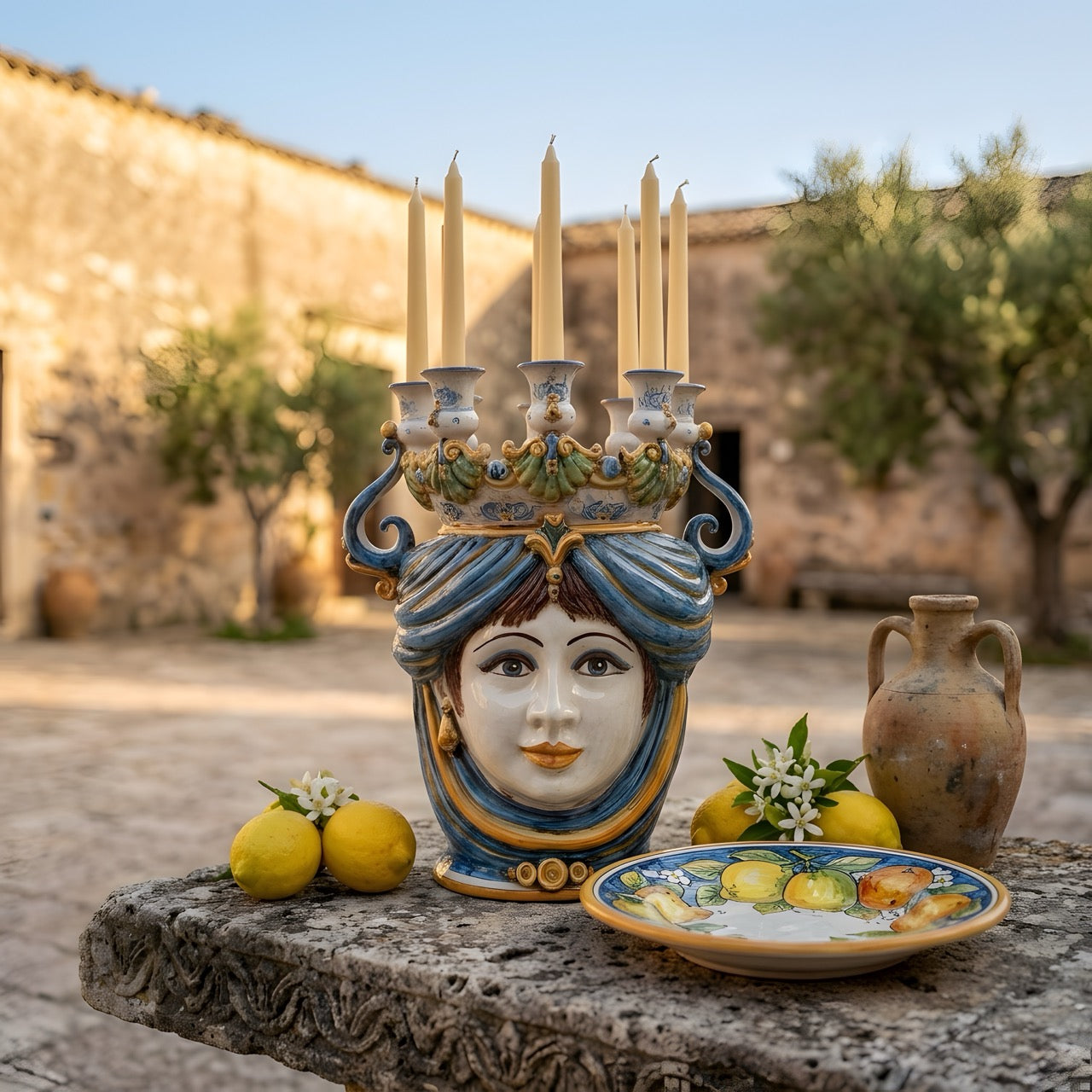 Sicilian Head Vase Candle Holder H 40 cm / 15.7", Woman, Blue and Orange – Testa di Moro from Caltagirone, Sicily