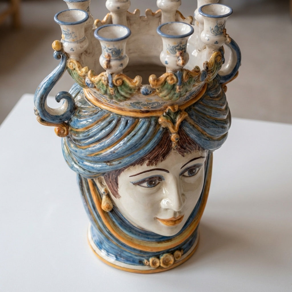 Sicilian Head Vase Candle Holder H 40 cm / 15.7", Woman, Blue and Orange – Testa di Moro from Caltagirone, Sicily