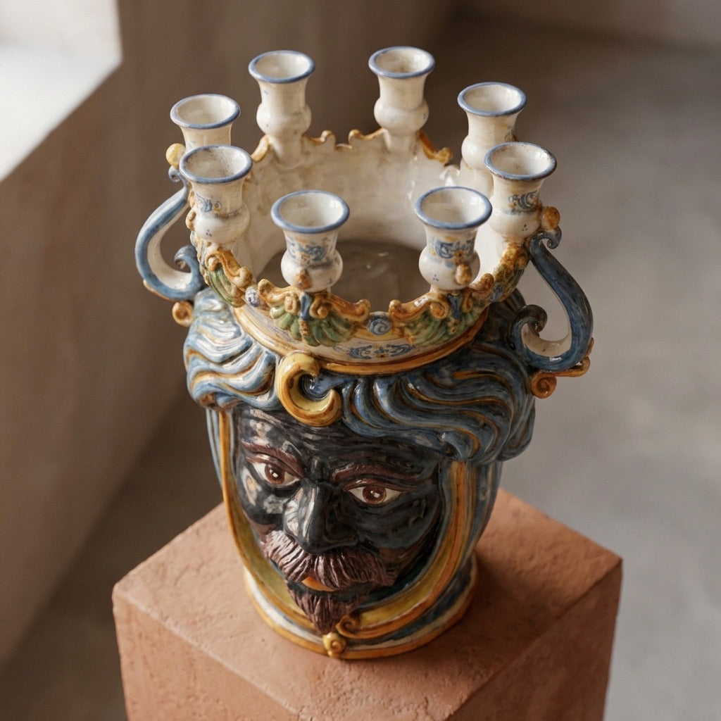 Moor's Head Vase Candle Holder H 40 cm / 15.7", Moro Man, Blue and Orange – Testa di Moro from Caltagirone, Sicily