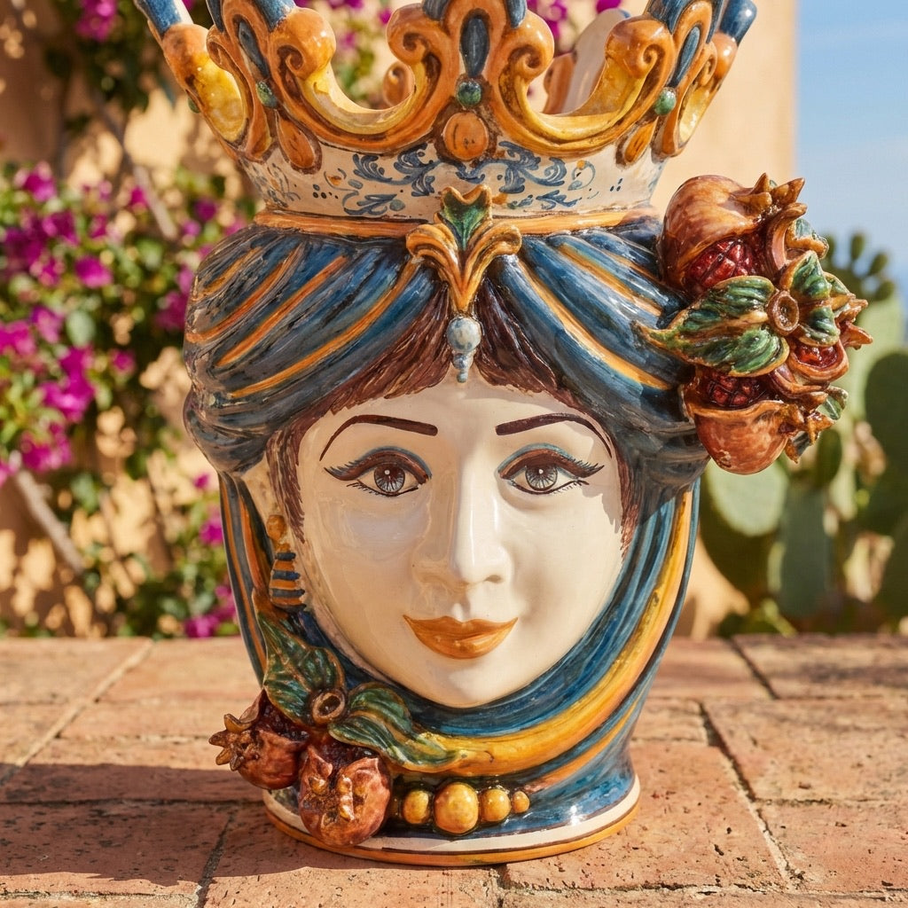 Testa di Moro Vase with Pomegranates H 40 cm / 15.7", Woman, Blue and Orange – Testa di Moro from Caltagirone, Sicily