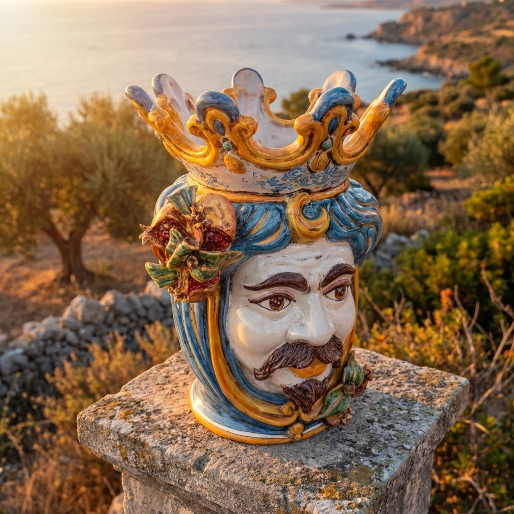 Testa di Moro Vase with Pomegranates H 40 cm / 15.7", White Man, Blue and Orange – Testa di Moro from Caltagirone, Sicily