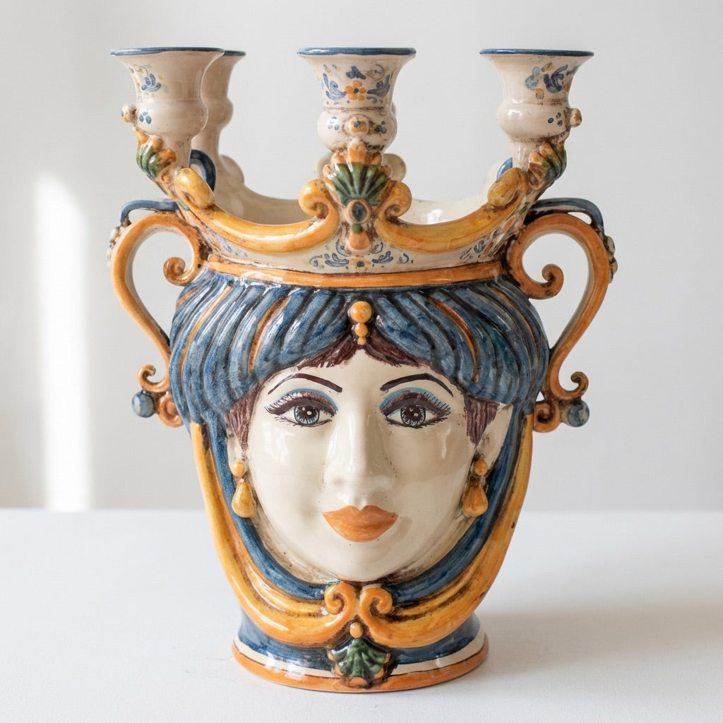 Testa di Moro Vase Candle Holder H 25 cm / 9.8", Woman, Blue and Orange – Testa di Moro from Caltagirone, Sicily