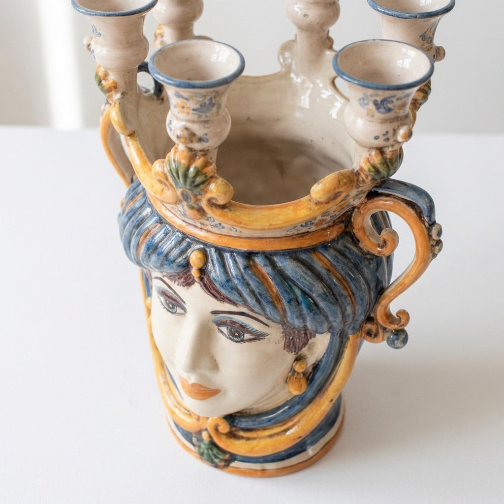 Testa di Moro Vase Candle Holder H 25 cm / 9.8", Woman, Blue and Orange – Testa di Moro from Caltagirone, Sicily