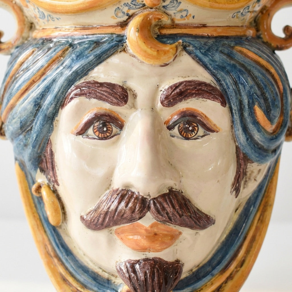 Sicilian Head Vase Candle Holder H 25 cm / 9.8", White Man, Blue and Orange – Testa di Moro from Caltagirone, Sicily