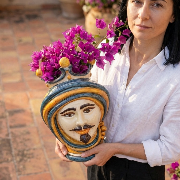 Sicilian Head Vase H 30 cm / 11.8", Man, Blue and Orange – Testa di Moro from Caltagirone, Sicily