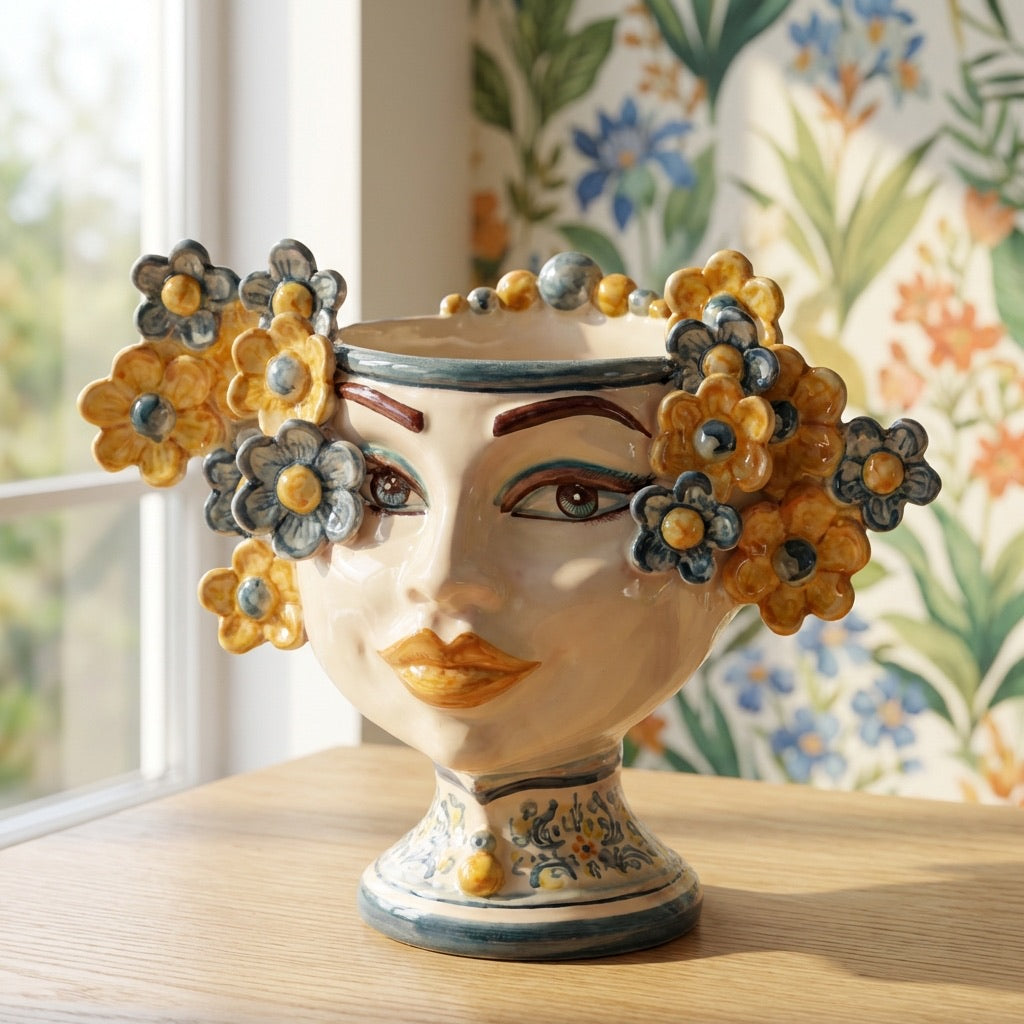 Moor's Head Vase with Flowers H 20 cm / 7.9", Blue and Orange – Testa di Moro from Caltagirone, Sicily