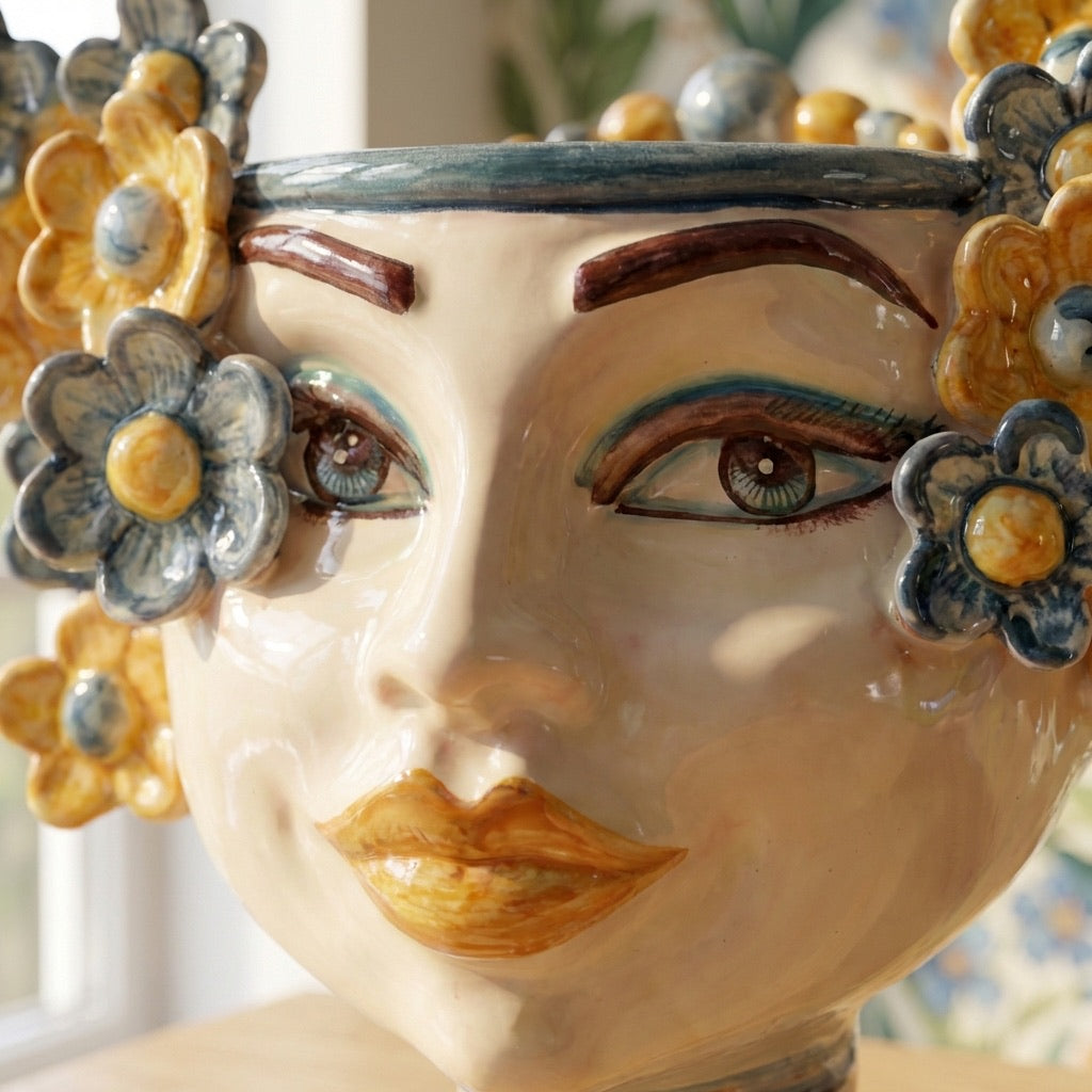 Moor's Head Vase with Flowers H 20 cm / 7.9", Blue and Orange – Testa di Moro from Caltagirone, Sicily
