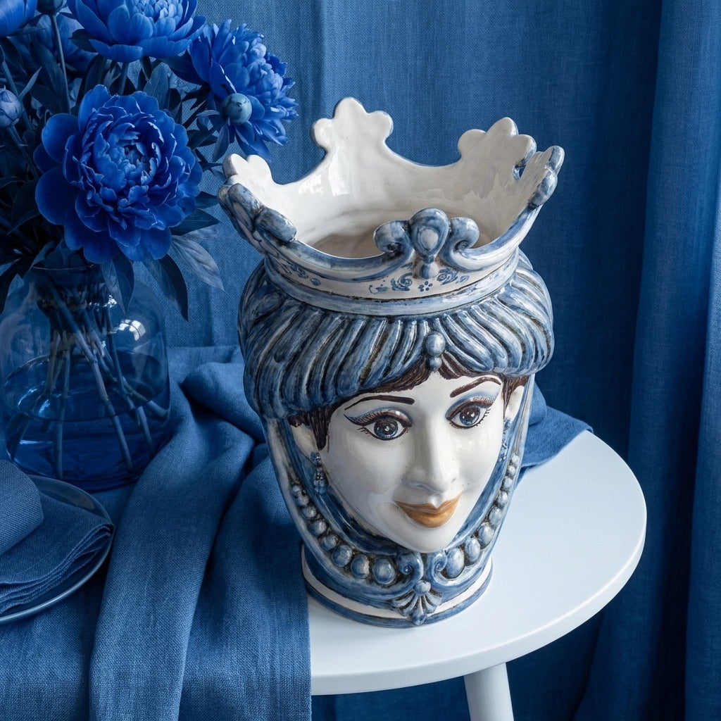 Testa di Moro Vase with Beads H 25 cm / 9.8", Woman, Mono Blue – Testa di Moro from Caltagirone, Sicily
