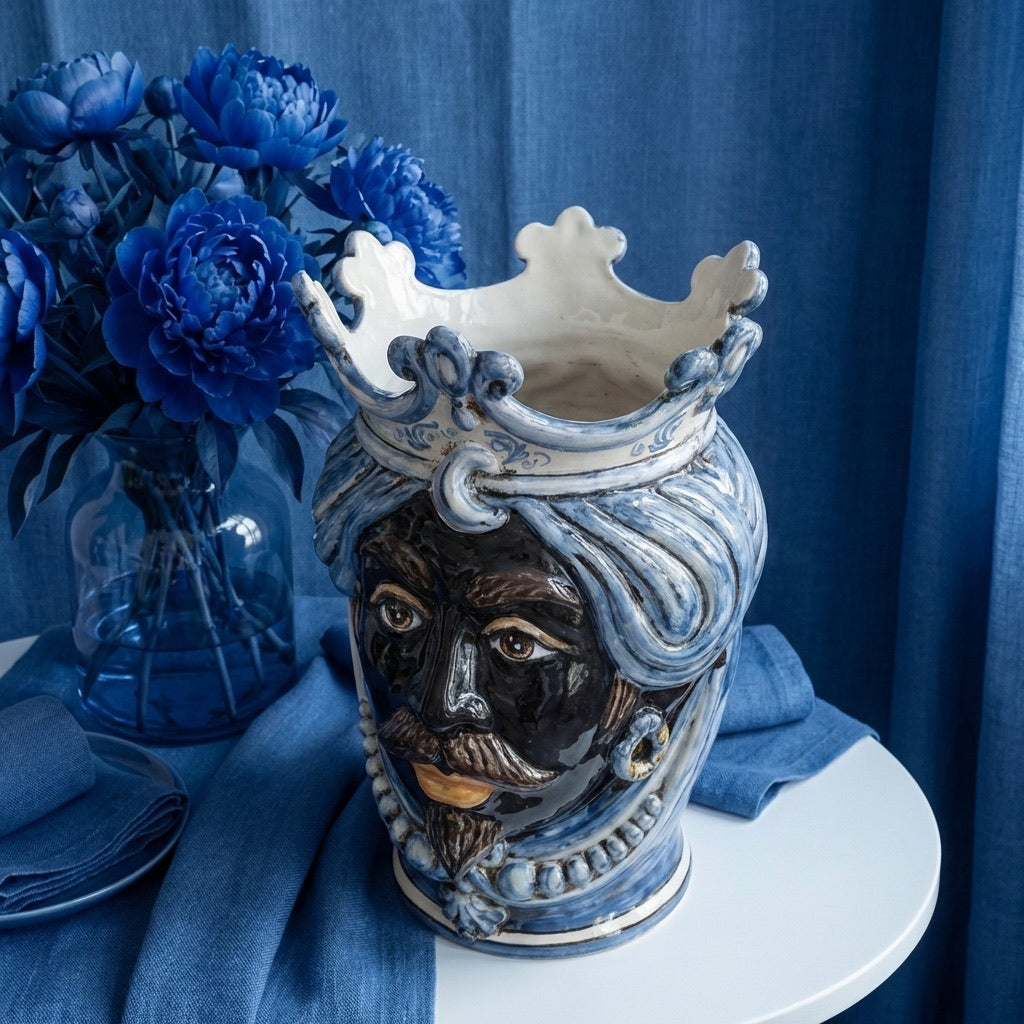 Sicilian Moor's Head with Beads H 25 cm / 9.8", Moro Man, Mono Blue – Testa di Moro from Caltagirone, Sicily