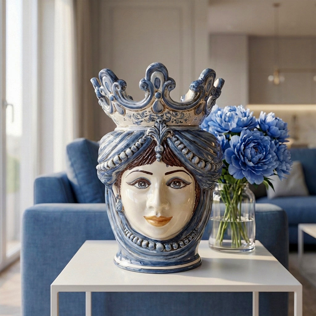Sicilian Head Vase with Beads H 40 cm / 15.7", Woman, Mono Blue – Testa di Moro from Caltagirone, Sicily