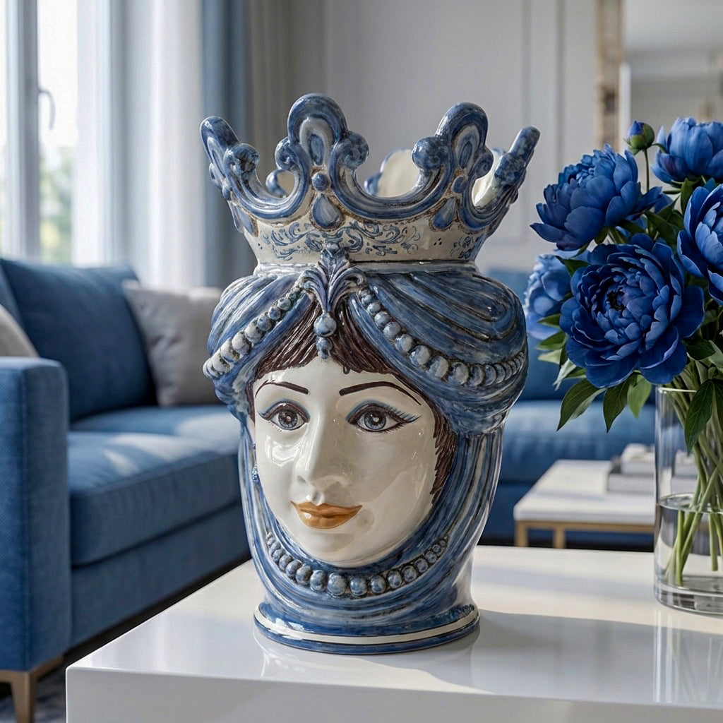 Sicilian Head Vase with Beads H 40 cm / 15.7", Woman, Mono Blue – Testa di Moro from Caltagirone, Sicily