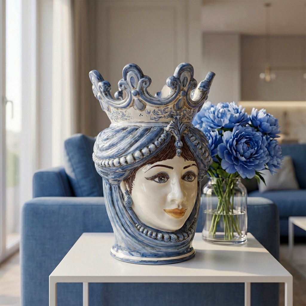 Sicilian Head Vase with Beads H 40 cm / 15.7", Woman, Mono Blue – Testa di Moro from Caltagirone, Sicily