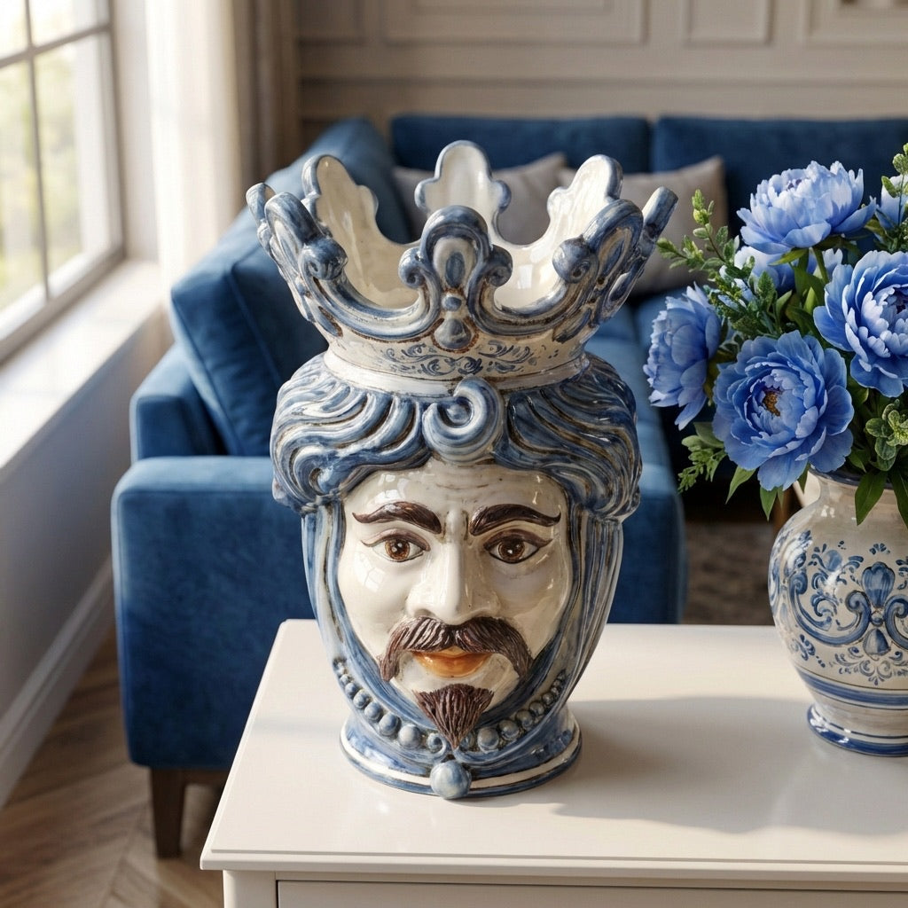 Testa di Moro Vase with Beads H 40 cm / 15.7", White Man, Mono Blue – Testa di Moro from Caltagirone, Sicily