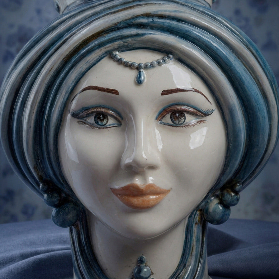 Sicilian Head Vase H 30 cm / 11.8", Woman, Mono Blue – Testa di Moro from Caltagirone, Sicily