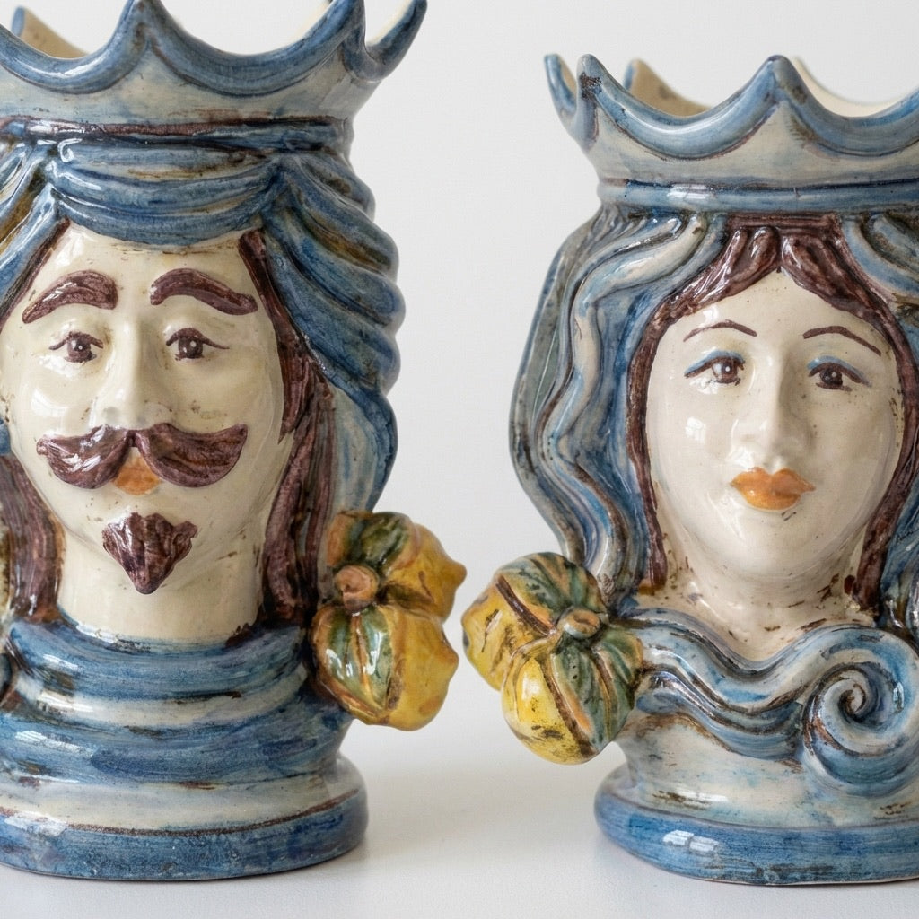 Sicilian Moor's Head H 15 cm / 5.9", White Man, Mono Blue – Testa di Moro from Caltagirone, Sicily