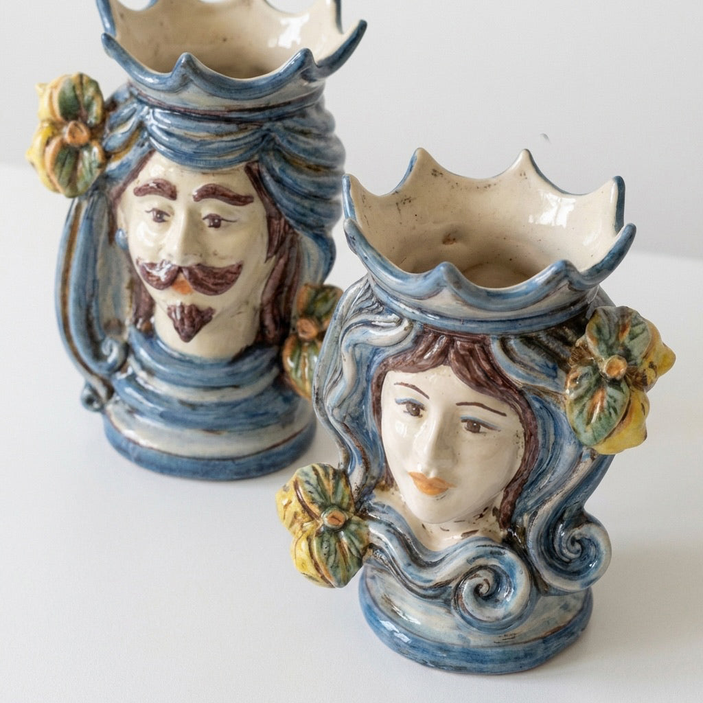 Sicilian Moor's Head H 15 cm / 5.9", White Man, Mono Blue – Testa di Moro from Caltagirone, Sicily