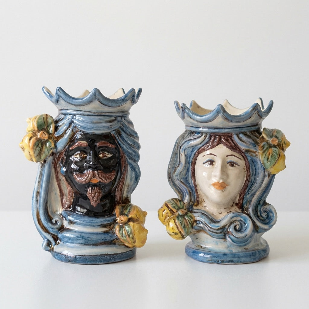 Sicilian Head Vase H 15 cm / 5.9", Moro Man, Mono Blue – Testa di Moro from Caltagirone, Sicily