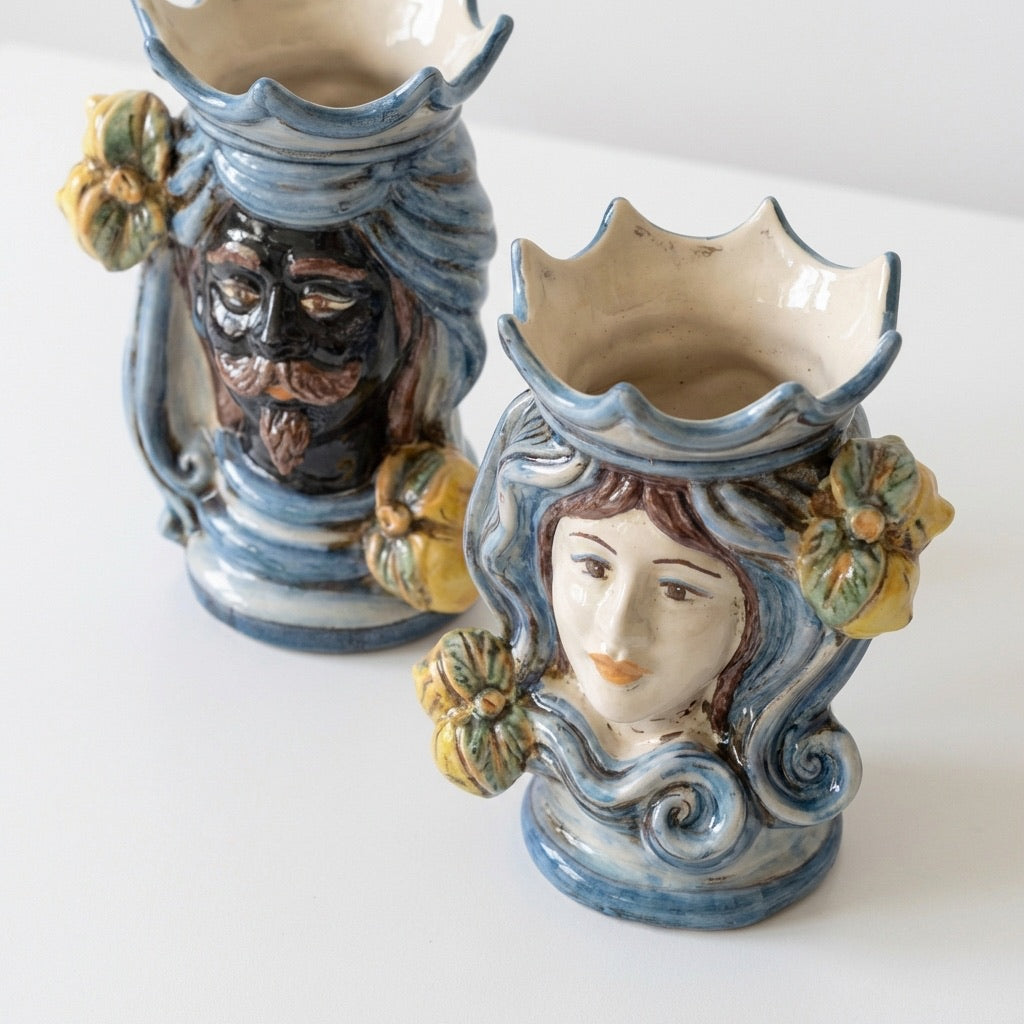Sicilian Head Vase H 15 cm / 5.9", Moro Man, Mono Blue – Testa di Moro from Caltagirone, Sicily