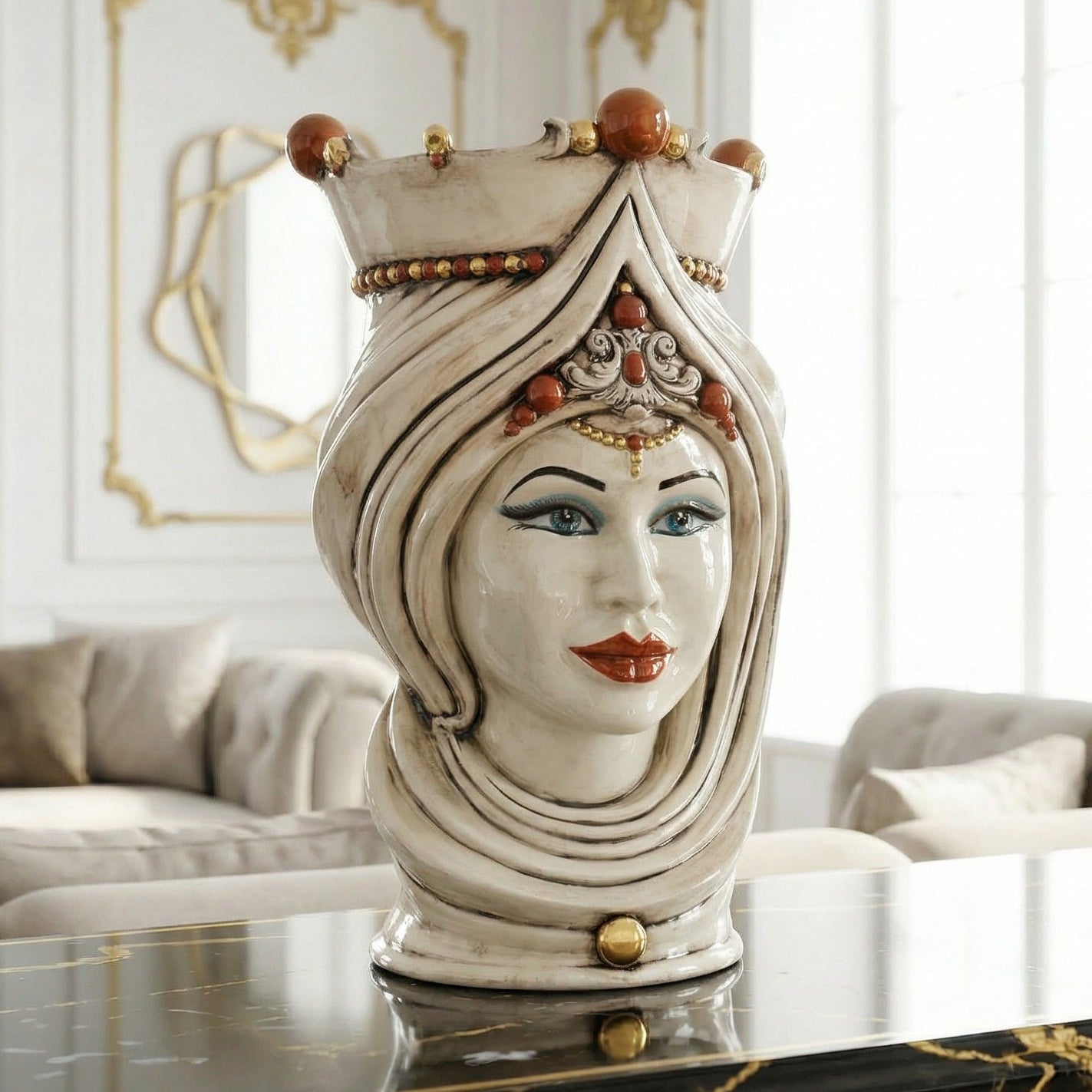 Sicilian Moor's Head with Turban H 45 cm / 17.7", Woman, Antique Mother of Pearl – Testa di Moro from Caltagirone, Sicily