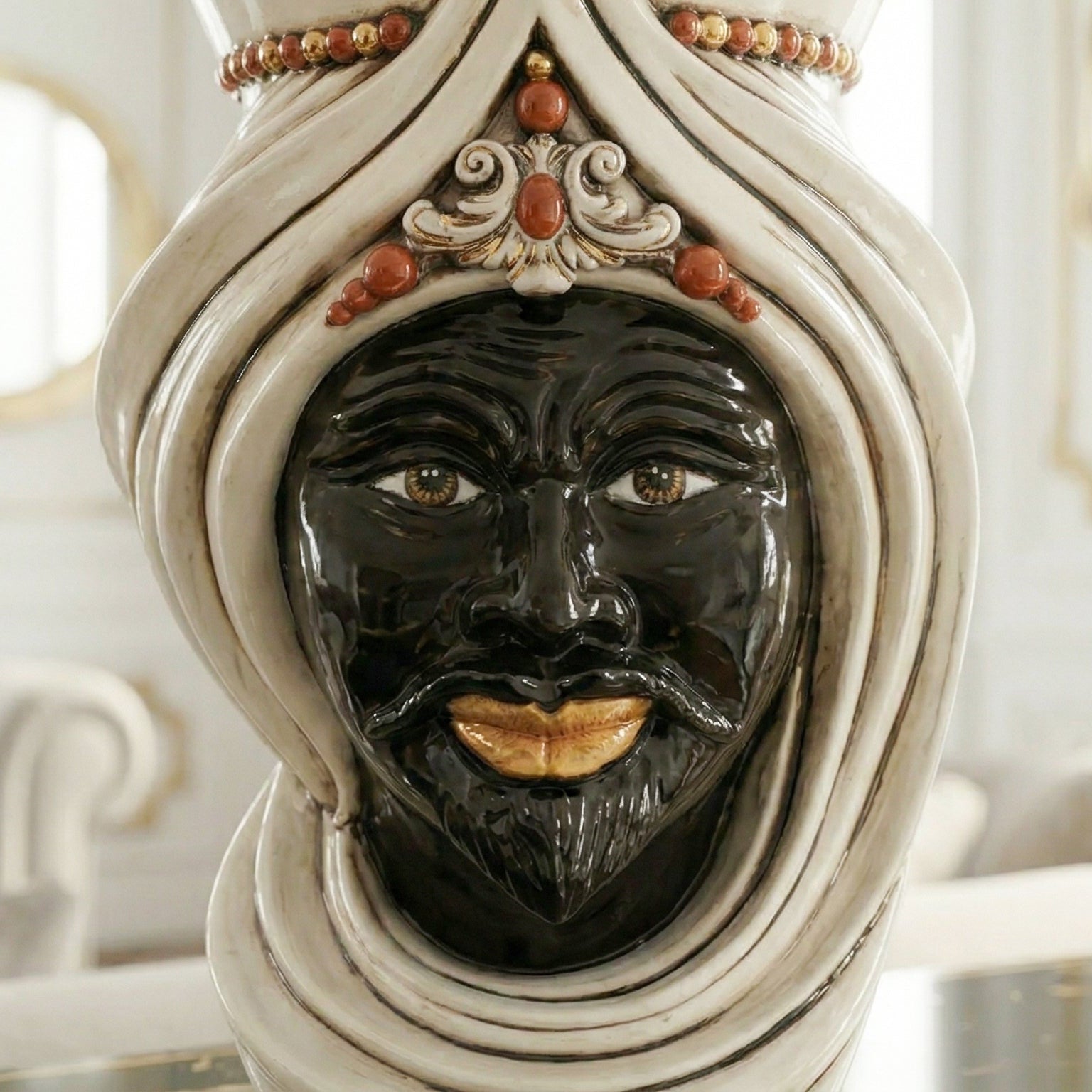 Moor's Head Vase with Turban H 45 cm / 17.7", Man, Antique Mother of Pearl – Testa di Moro from Caltagirone, Sicily