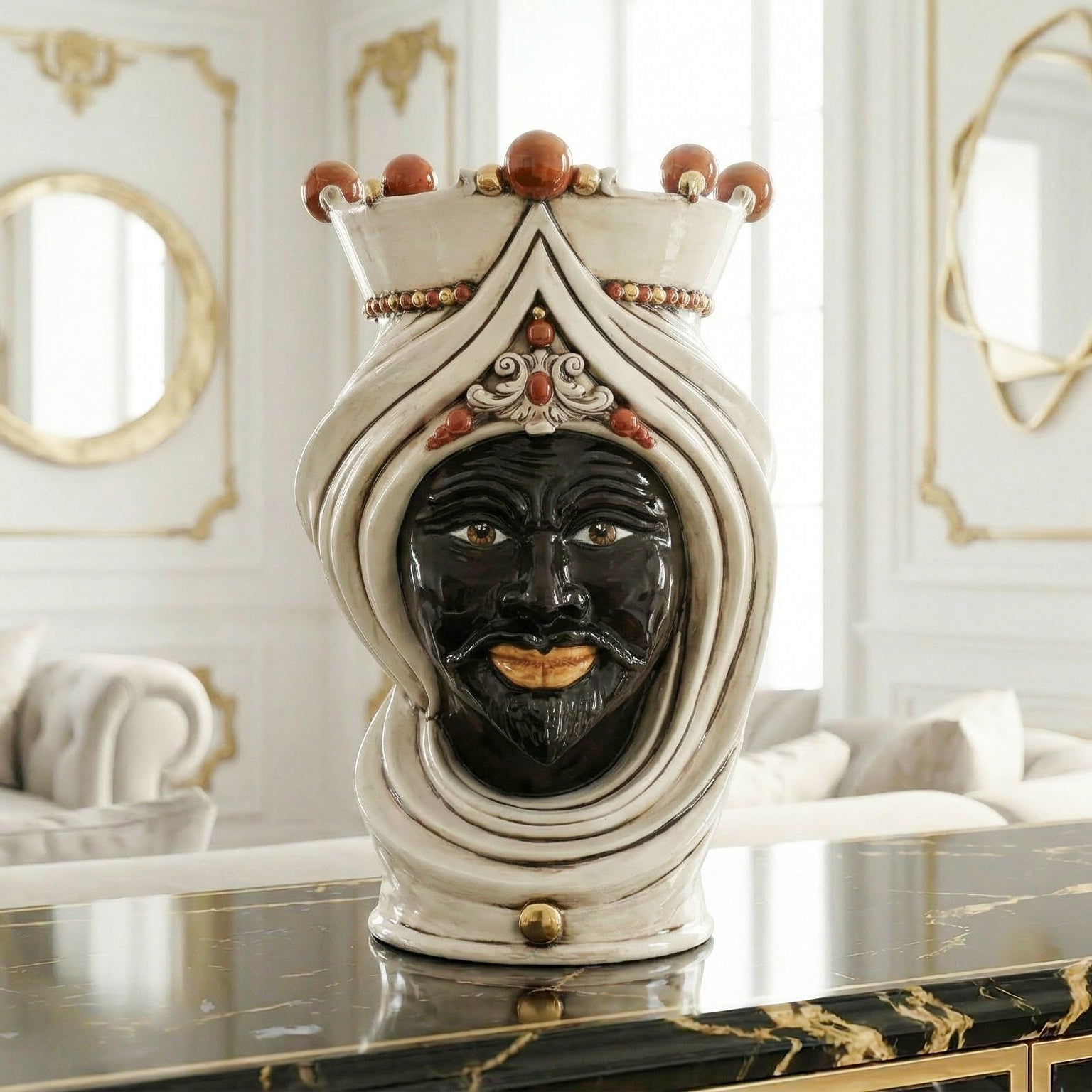 Moor's Head Vase with Turban H 45 cm / 17.7", Man, Antique Mother of Pearl – Testa di Moro from Caltagirone, Sicily
