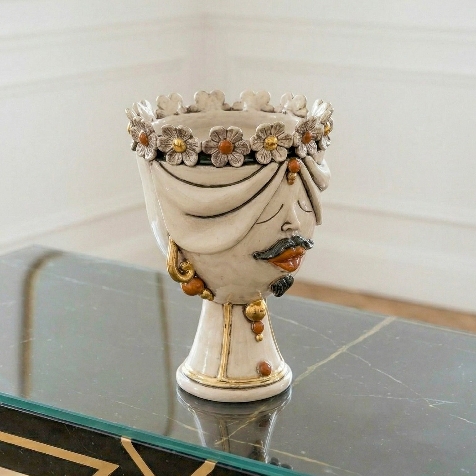 Sicilian Head Vase with Flowers H 30 cm / 11.8", Man, Antique Mother of Pearl – Testa di Moro from Caltagirone, Sicily