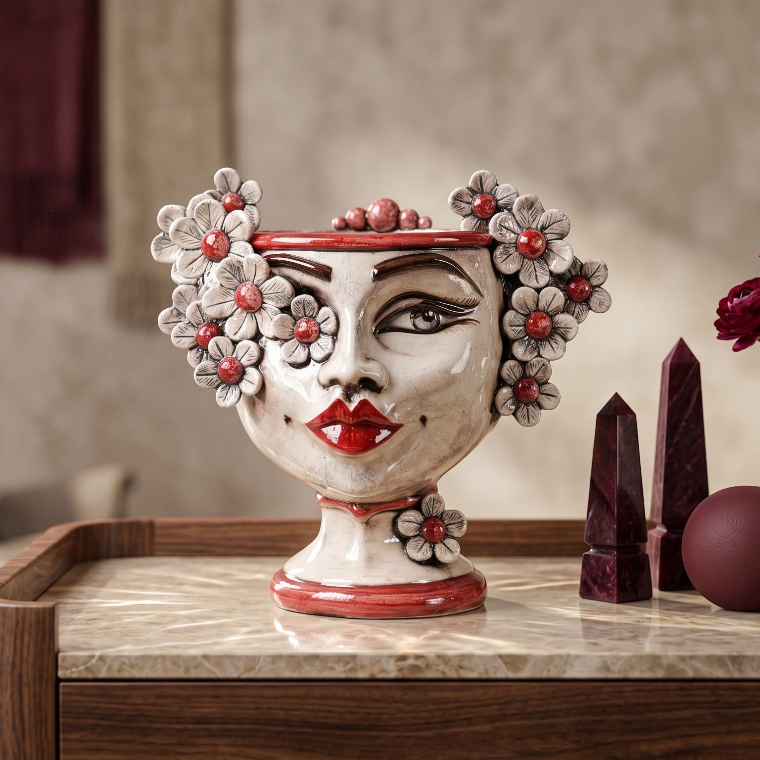Sicilian Moor's Head with Flowers H 20 cm / 7.9", Woman, Mother of Pearl – Testa di Moro from Caltagirone, Sicily