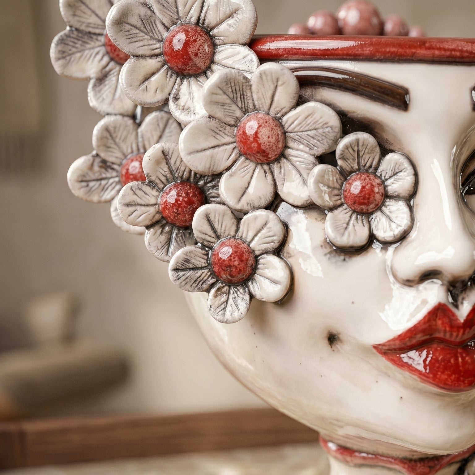 Sicilian Moor's Head with Flowers H 20 cm / 7.9", Woman, Mother of Pearl – Testa di Moro from Caltagirone, Sicily