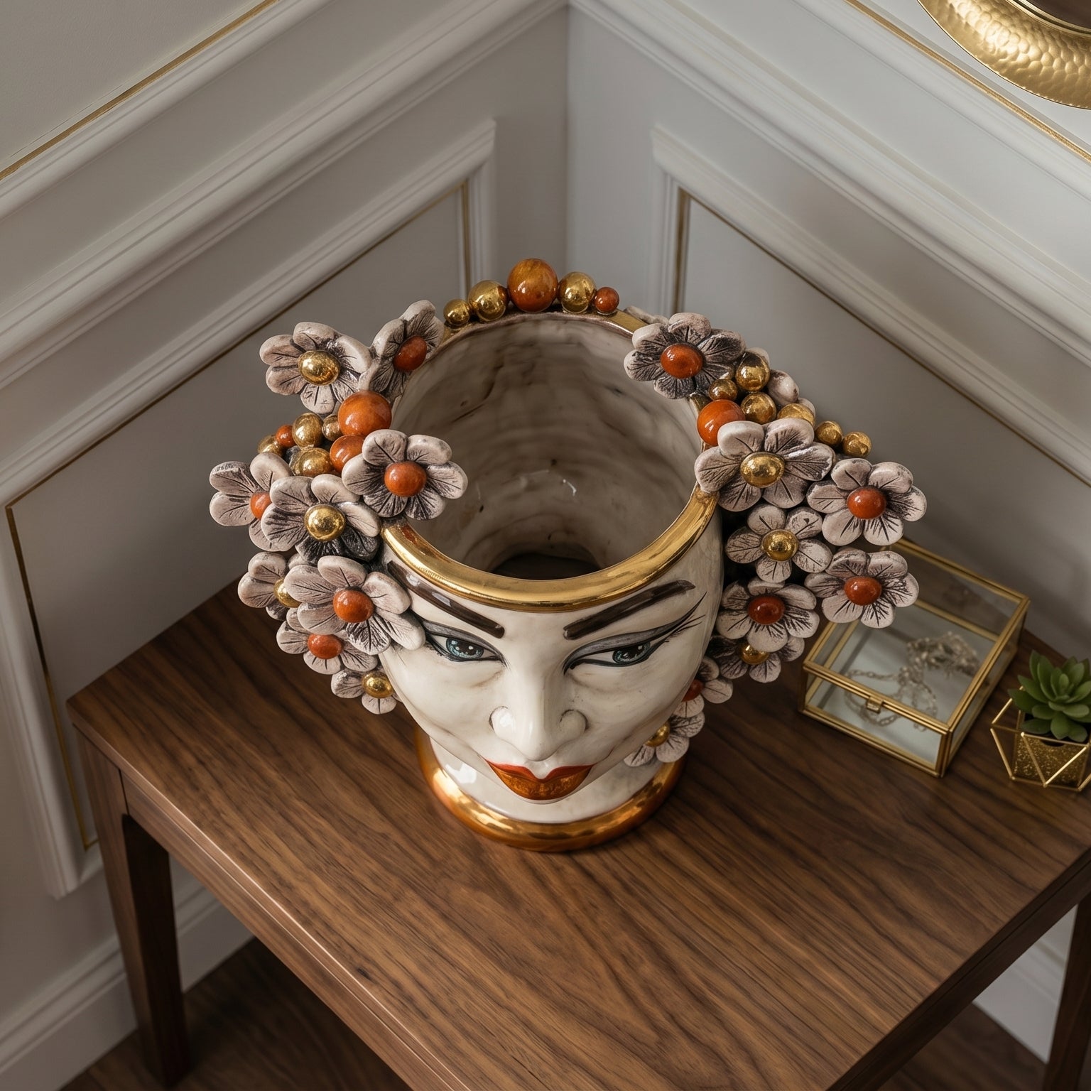 Sicilian Head Vase with Flowers H 20 cm / 7.9", Woman, Mother of Pearl – Testa di Moro from Caltagirone, Sicily