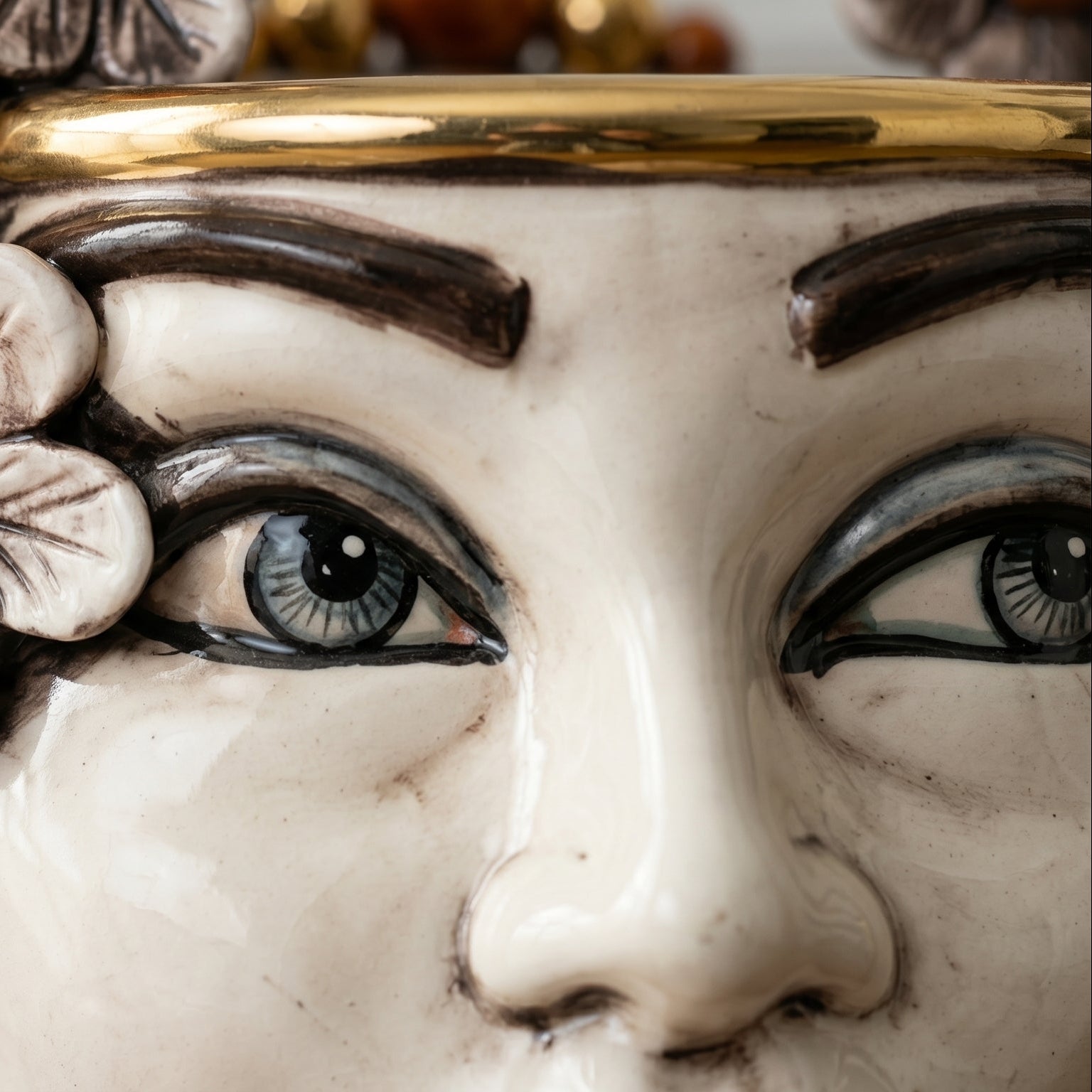 Sicilian Head Vase with Flowers H 20 cm / 7.9", Woman, Mother of Pearl – Testa di Moro from Caltagirone, Sicily