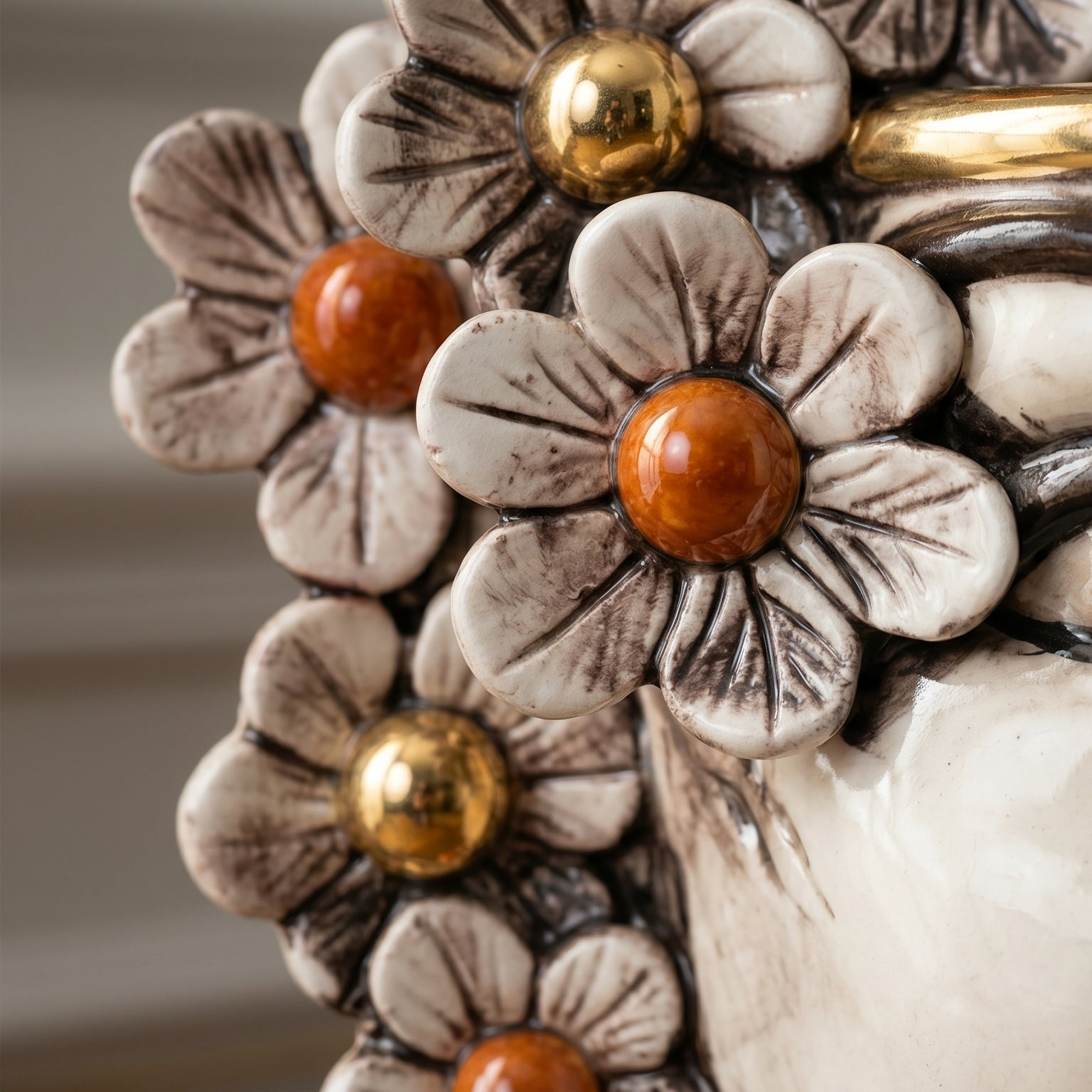 Sicilian Head Vase with Flowers H 20 cm / 7.9", Woman, Mother of Pearl – Testa di Moro from Caltagirone, Sicily
