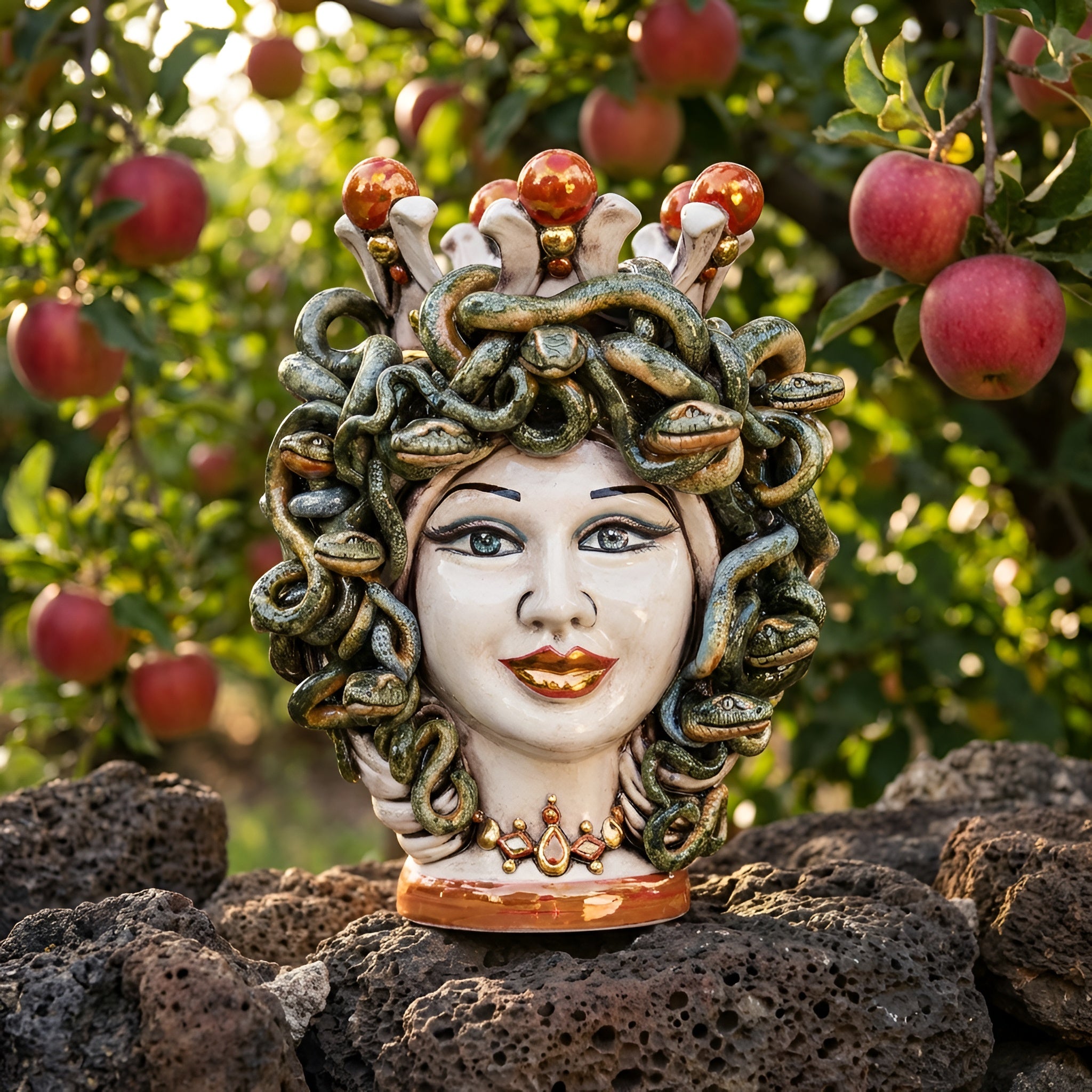 Medusa Head Vase H 25 cm / 9.8", Antique Mother of Pearl – Testa di Moro from Caltagirone, Sicily