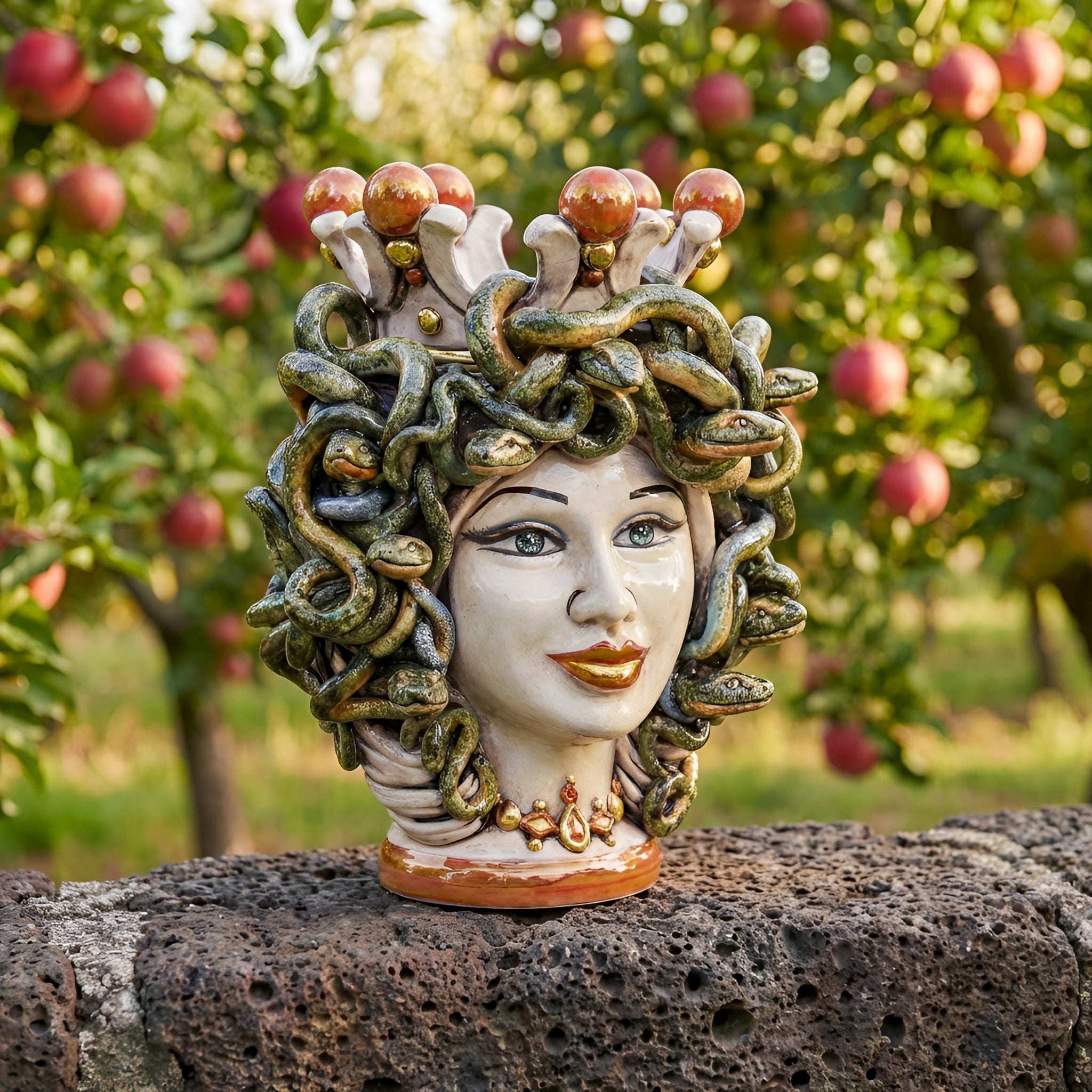 Medusa Head Vase H 25 cm / 9.8", Antique Mother of Pearl – Testa di Moro from Caltagirone, Sicily